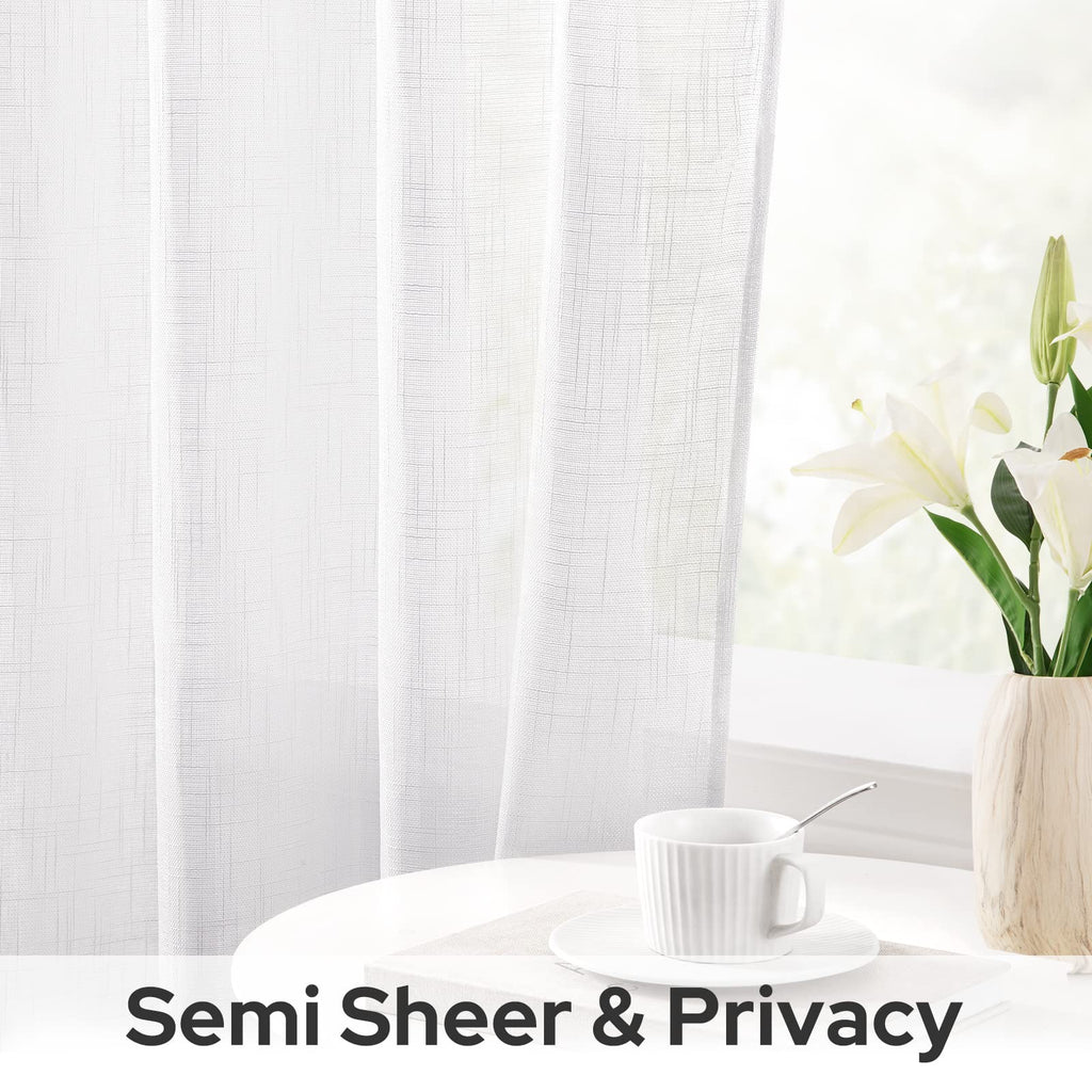 Homeideas White Linen Sheer Curtains 63 Inches Long 2 Panels Textured Semi Sheer Curtains Farmhouse Curtains Sheer Privacy Windo