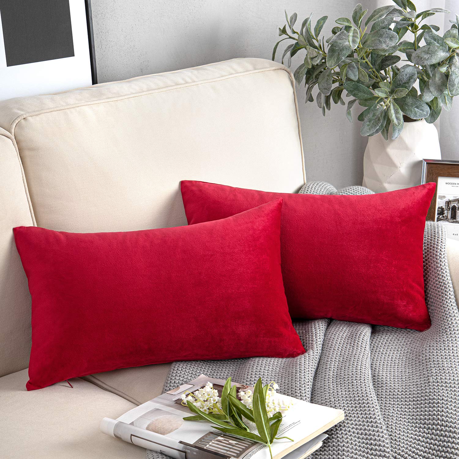 Phantoscope Pack Of 2 Velvet Decorative Throw Decorative Pillow Cover Soft Solid Square Cushion Case For Couch Wine Red 12 X 20