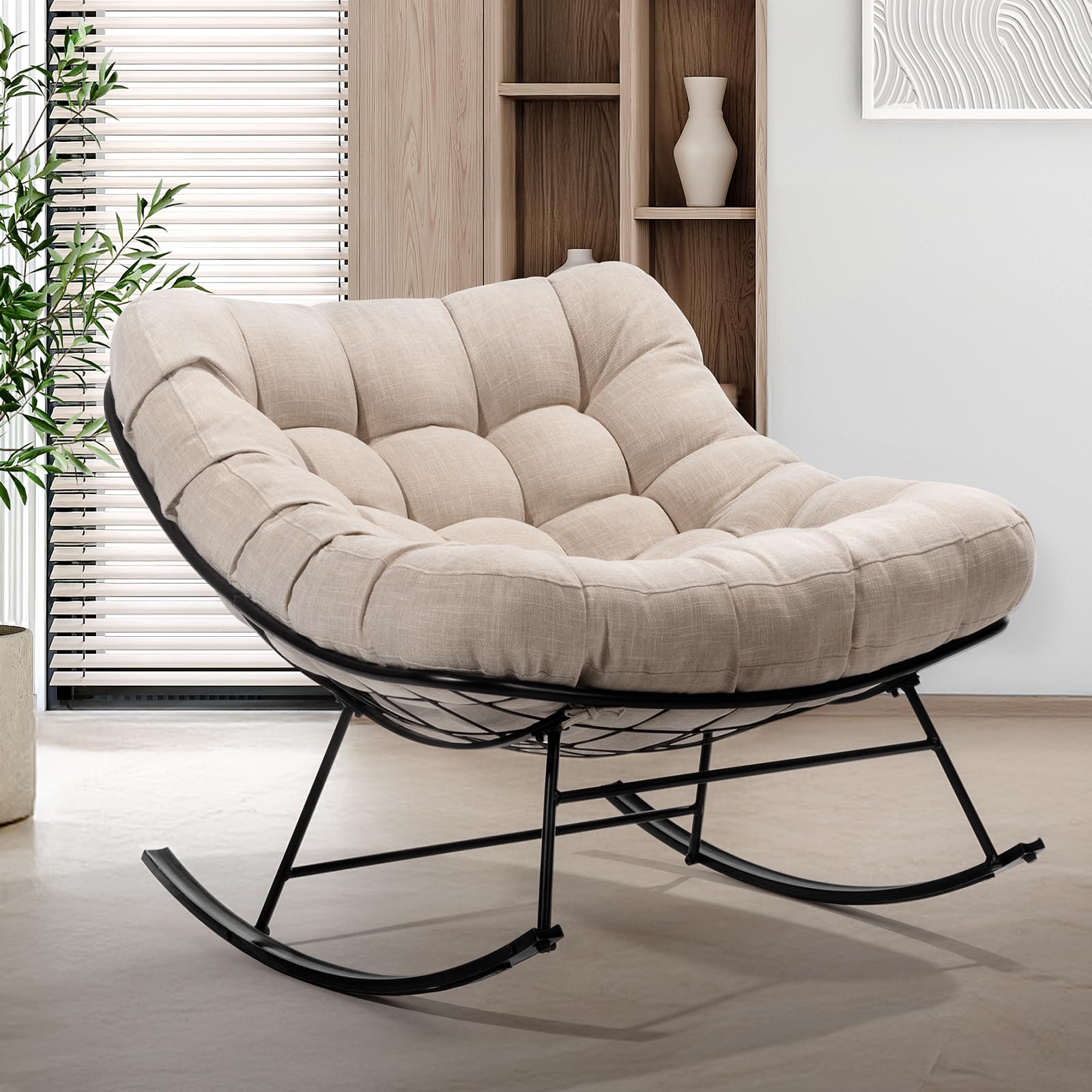 Bme Patio Rocking Chair Outdoor & Indoor, Metal Patio Lounge Rocking Chair With Thick Cushion, Comfy Modern Rocker Chair For Liv
