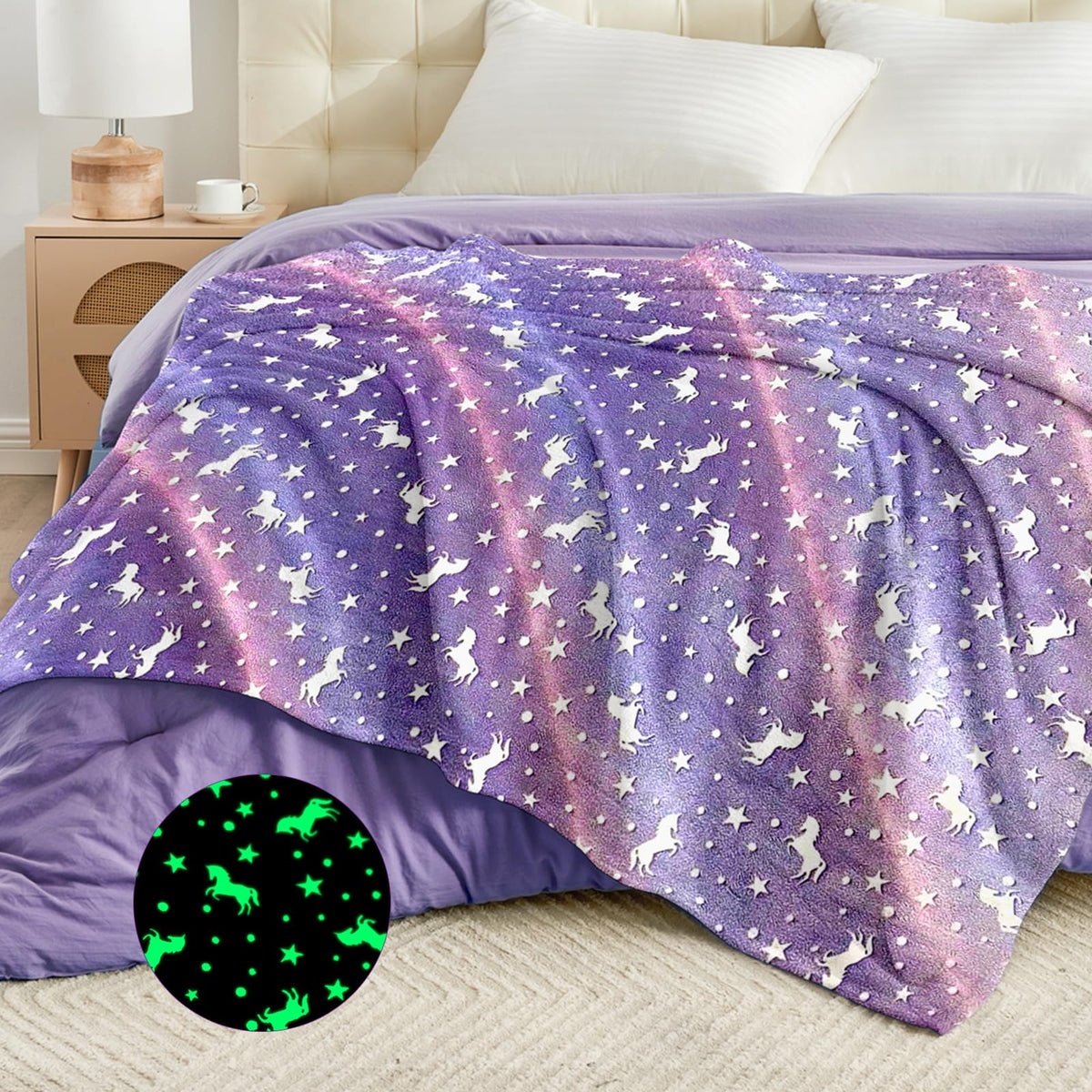 Wajade Unicorn Glow In The Dark Blanket For Kids, Purple Unicorn Fleece Luminous Soft Throw Blanket For Birthday Halloween Chris