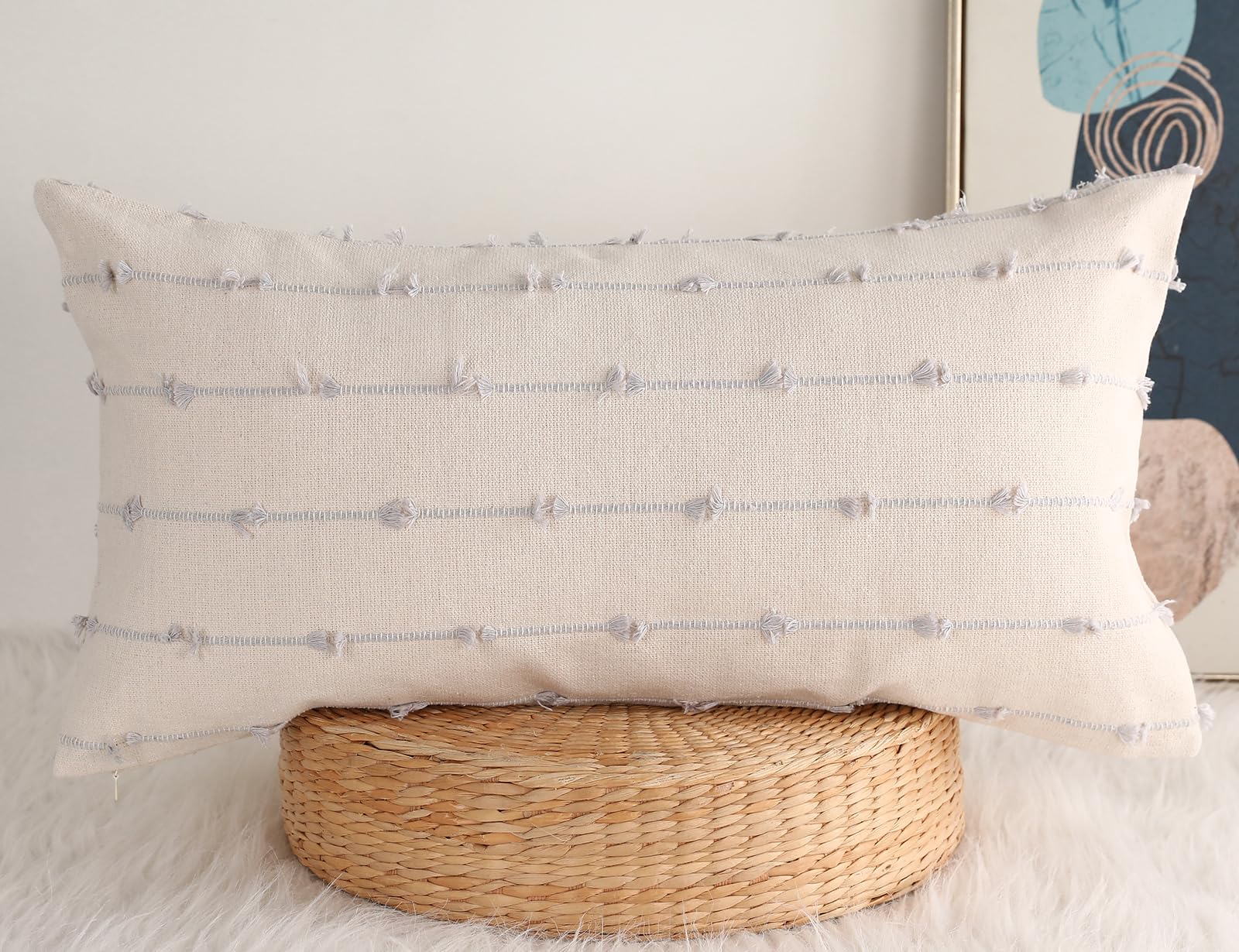 NUYECY Boho Long Lumbar Pillow Covers 14 x 28 Stone Grey,Classic Striped Pattern Cotton Decorative Long Lumbar Pillow Cover Case