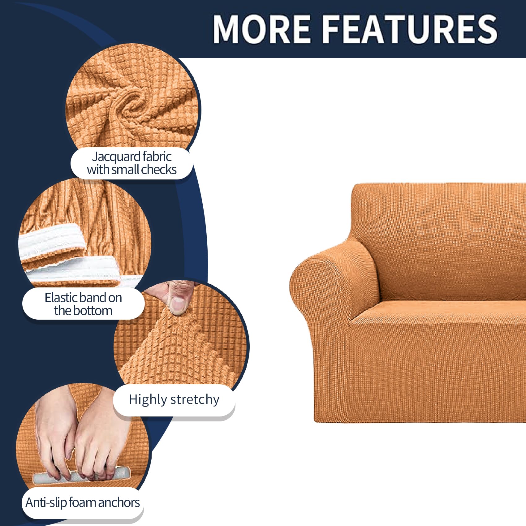 2025 New Stretch Sofa Slipcovers Couch Cover For 3 Cushion Furniture Protector Sofa Covers With Elastic Bottom Jacquard Fabric Small Checks For Pets, Kids -Sofa, Golden