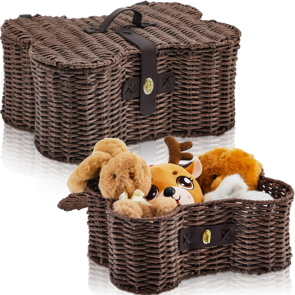 Barydat 2 Set Large Small Dog Toy Basket with Lid Bone Shaped Basket for Dog Natural Wicker Woven Handmade Pet Puppy Toy Organiz
