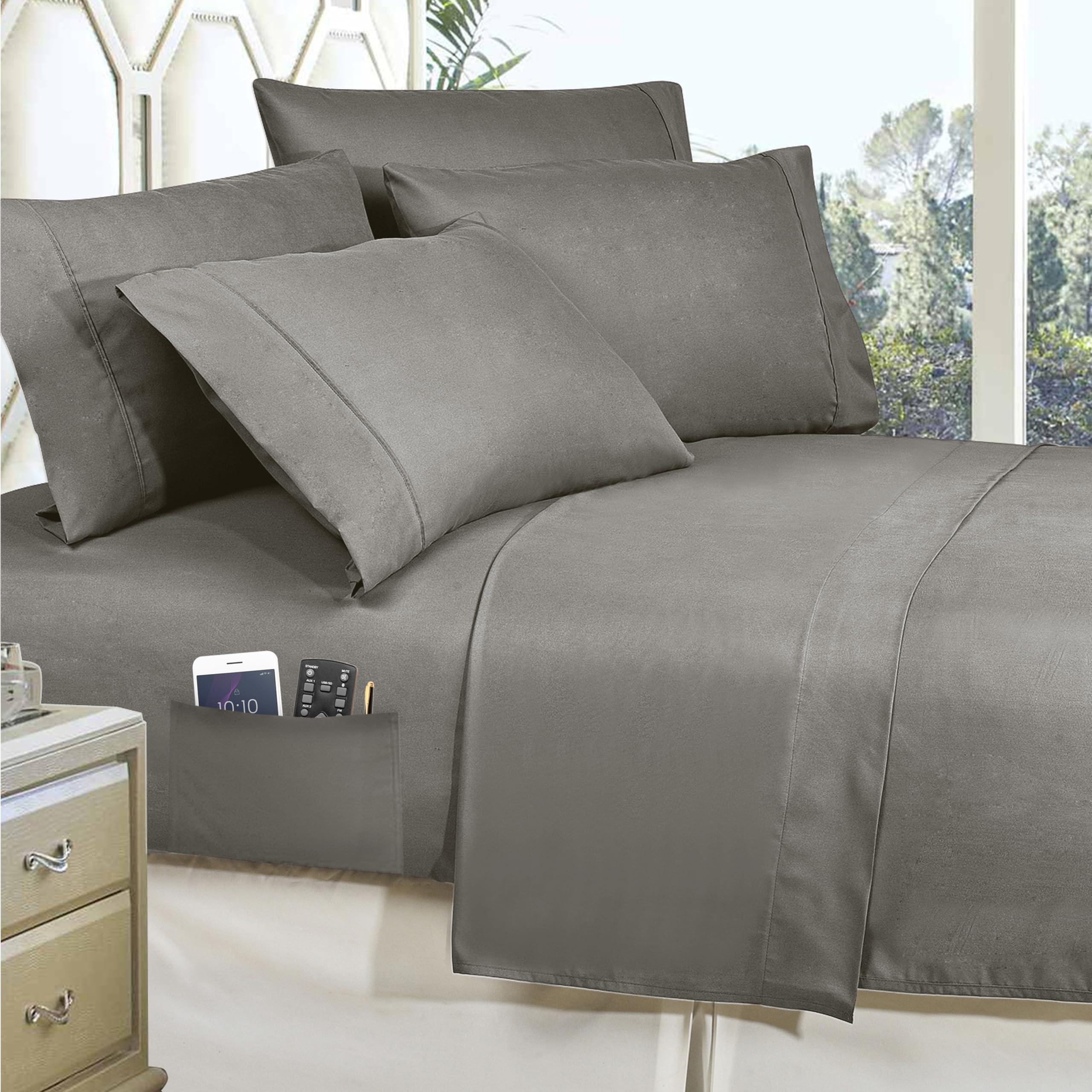 Elegant Comfort Luxury Softest, Coziest 8-Piece Bed-In-A-Bag Comforter Set - Silky Soft Complete Set Includes Bed Sheet Set With Double Sided Storage Pockets, King/California King, Gray