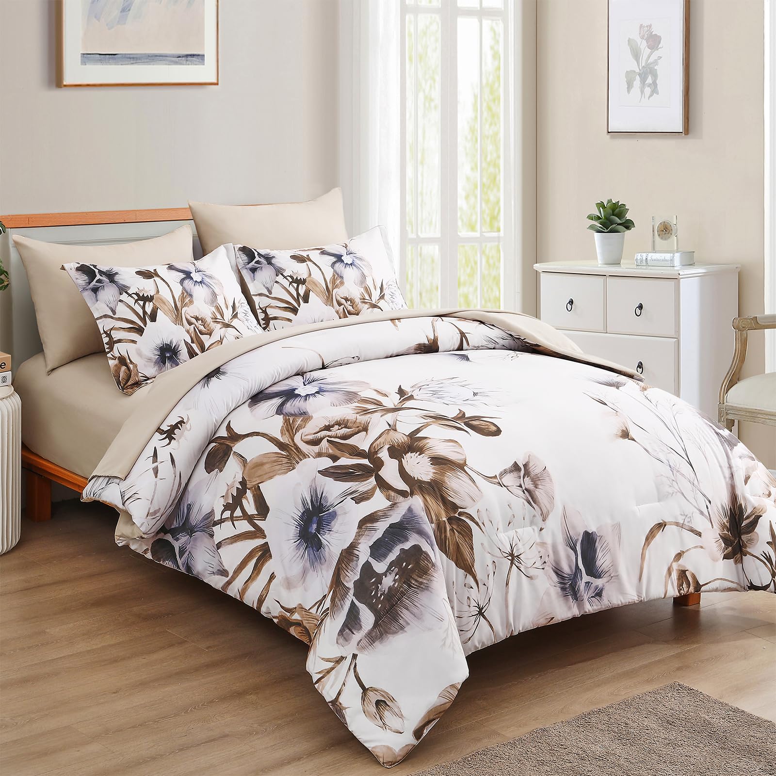Luxudecor Floral Comforter Set King Size 7 Piece, Beige Flower Bed In A Bag, Elegant Comforter Bedding Set For All Season (Beige