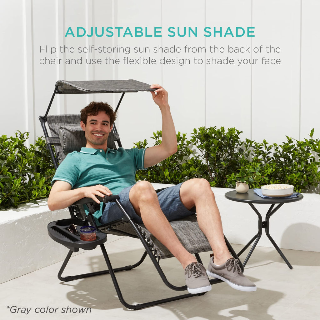 Best Choice Products Folding Zero Gravity Outdoor Recliner Patio Lounge Chair W/Adjustable Canopy Shade, Headrest, Side Accessory Tray, Textilene Mesh - Beige