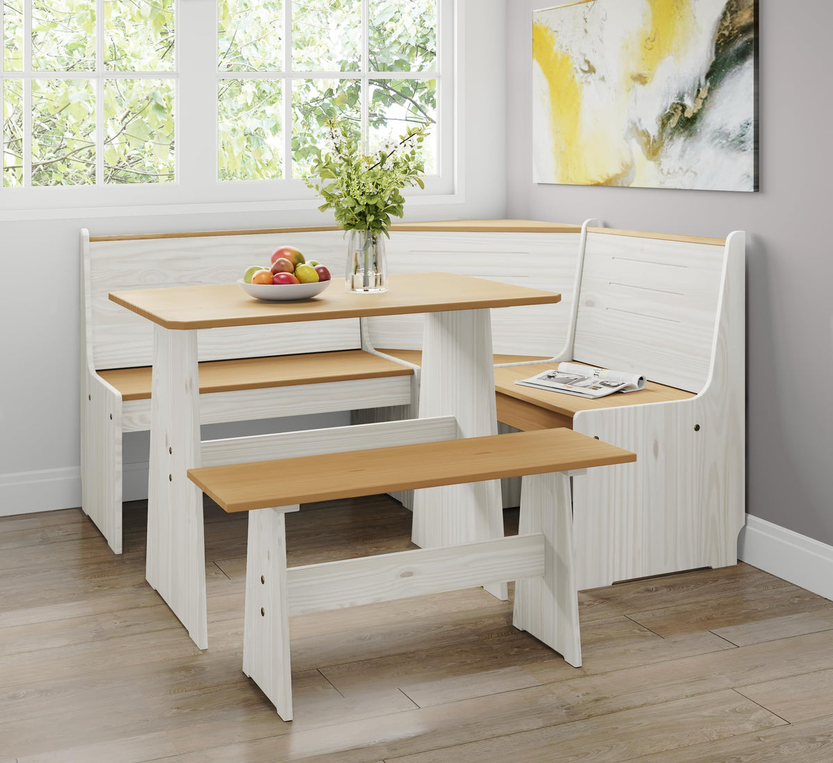 Koby Home Breakfast Nook Kitchen Corner Dining Table Bench Chair Set, Space-Saving 3-4 Seat L-Shape For Family Home White Wood