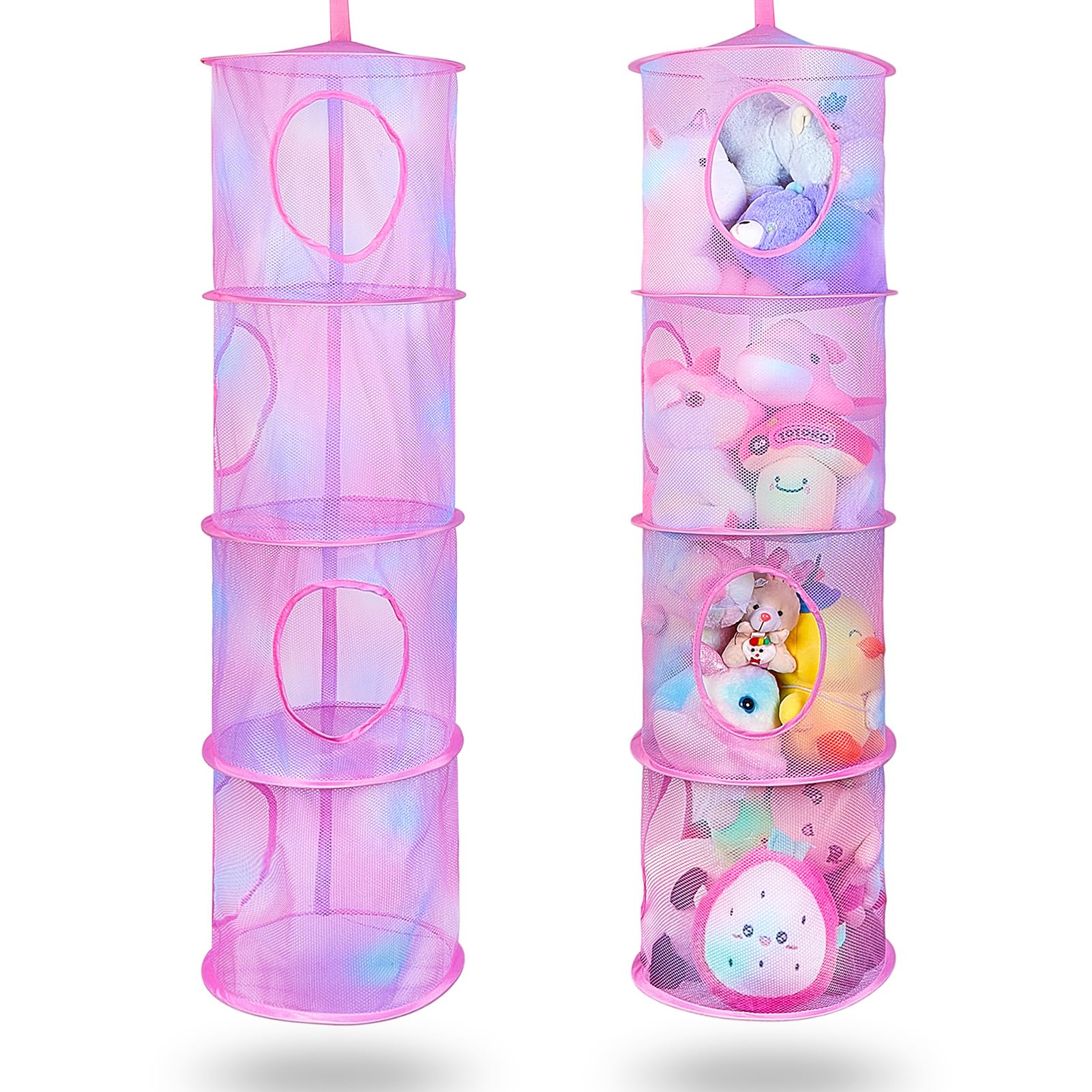 Basumee Stuffed Animals Net Or Hammock 2 Pcs Stuffed Animals Storage Toy Net Hammock For Stuffed Animals Organizer Mesh Hammock Kids Girls Room Decor, Pink, 4 Tiers