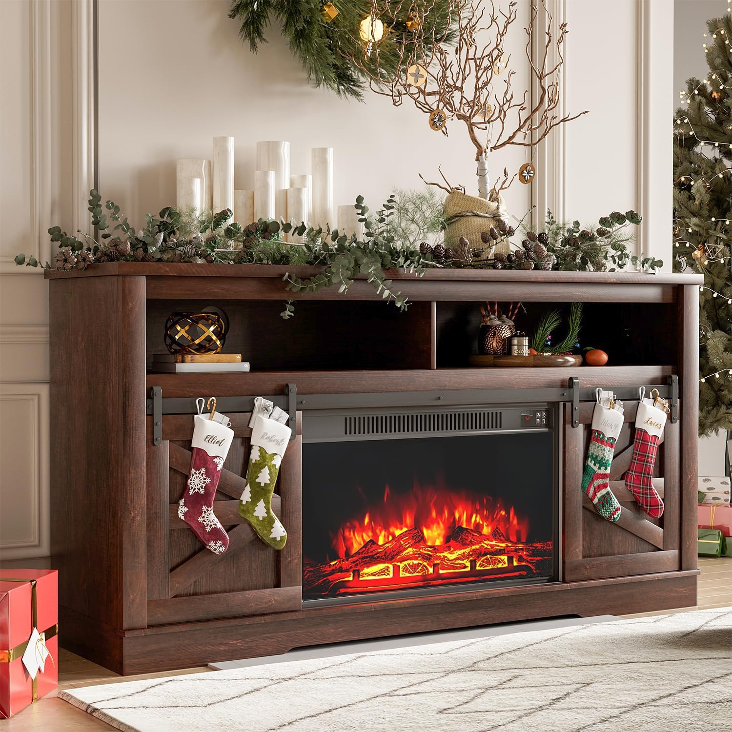 YESHOMY Fireplace TV Stand for Television up to 65+ Inch with Storage and Farmhouse Sliding Barn Doors, Entertainment Center wit