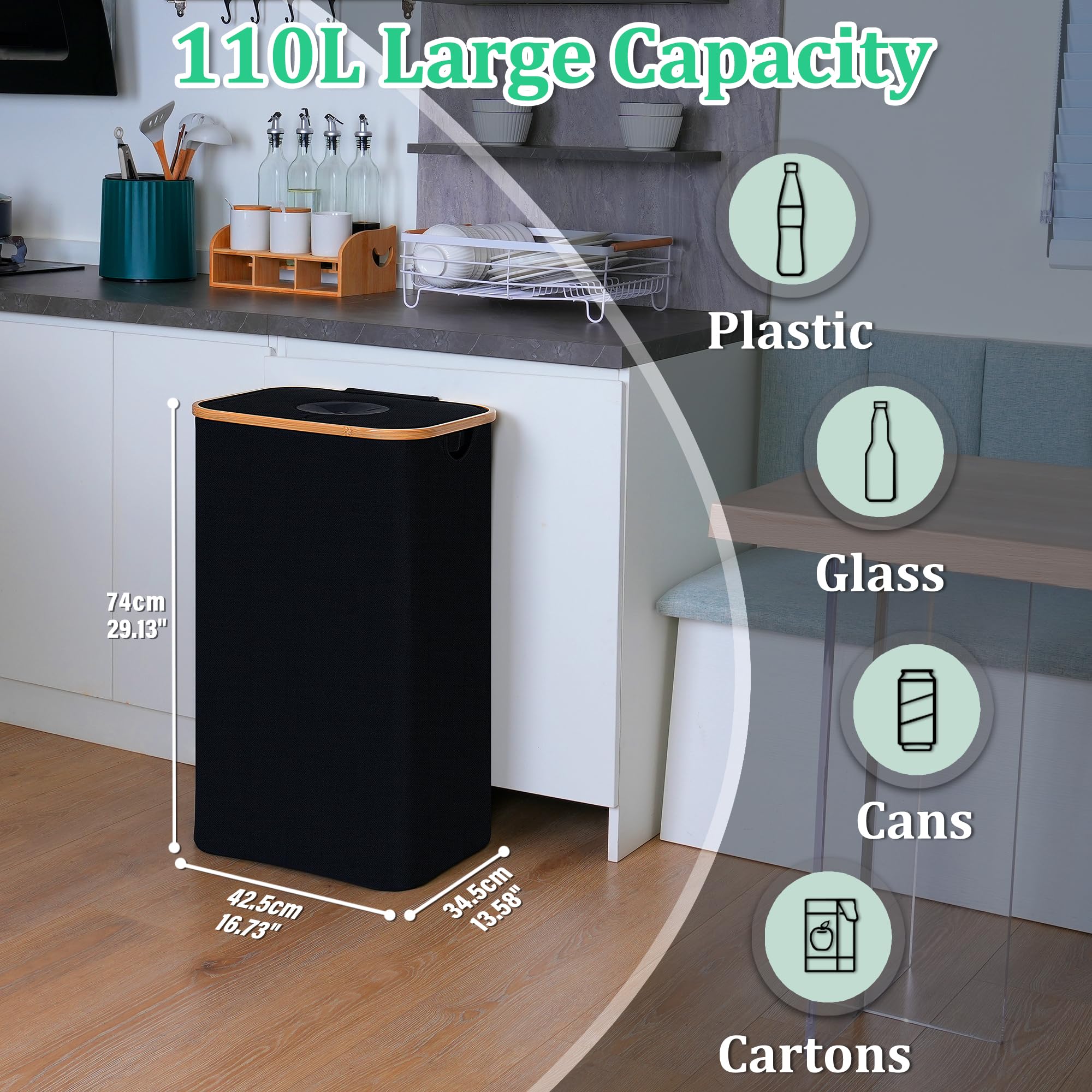 Iegrow 29 Gallon Recycling Bin For Kitchen, Indoor Home Recycle Bins With Lid, 110L Large Recycling Bin With 2 Removeable Reusab