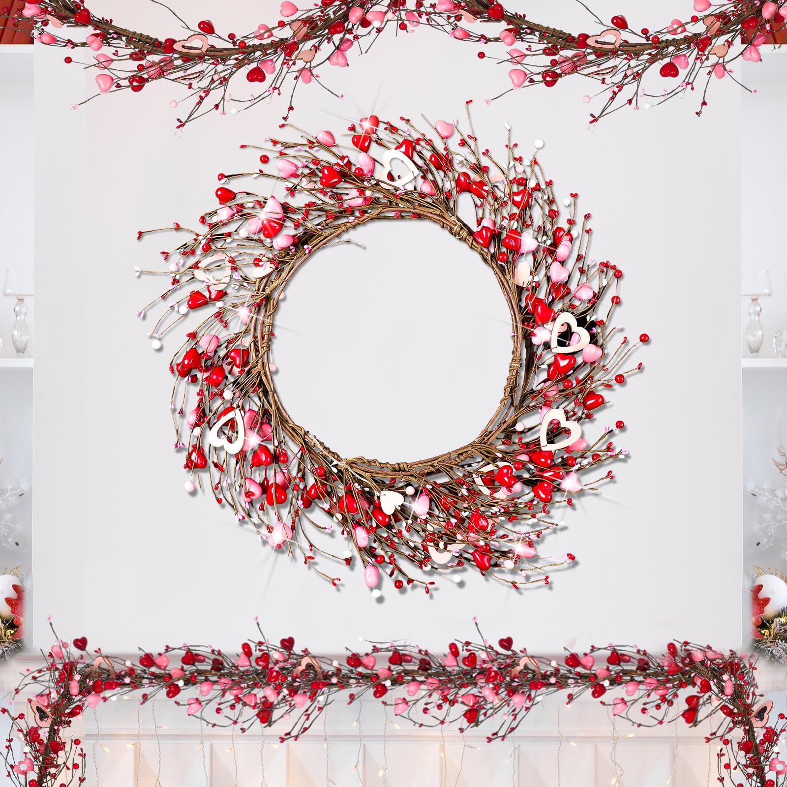 Hotop 6 Feet Valentines Day Berry Garland Twig Red Pink White Berry Garland with Handmade Foam Hearts Artificial Garland for Va