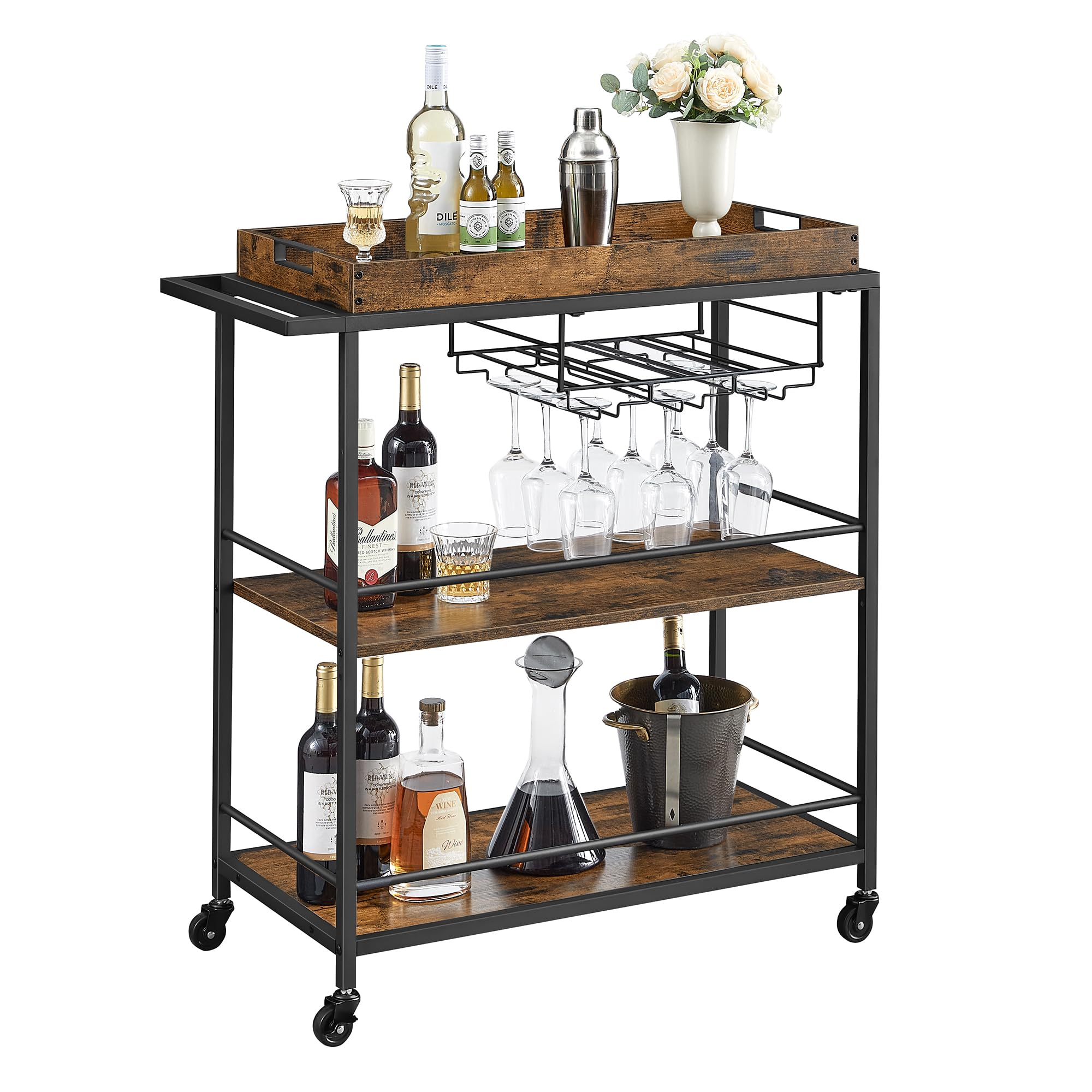 Vasagle Kitchen Serving Cart With Removable Tray, 3-Tier Kitchen Utility Cart On Wheels With Storage, With Brakes, Leveling Feet, 15.7 X 34.6 X 37.8 Inches, Rustic Brown And Black Ulrc093B01