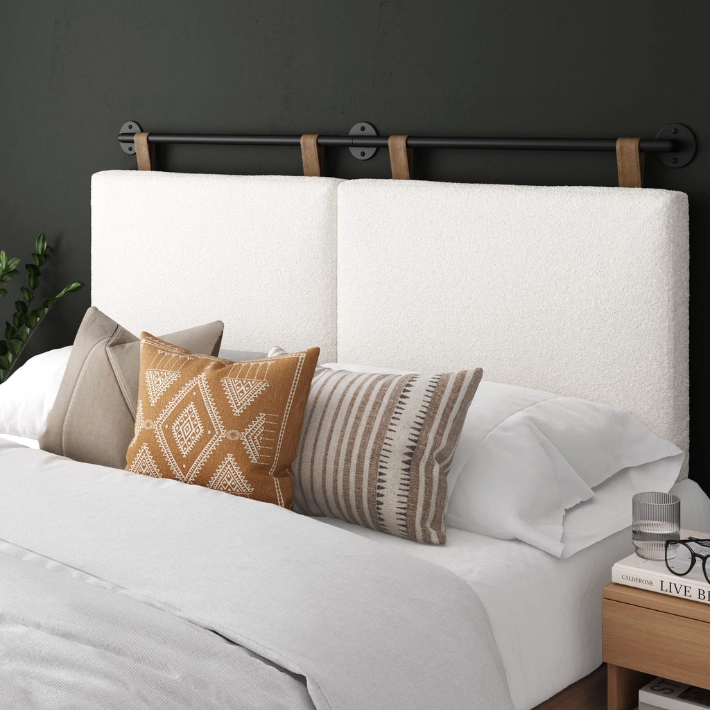 Nathan James Charlie Wall Mount Hanging Upholstered Headboard, Queen, White Boucle With Brown Faux Leather Straps