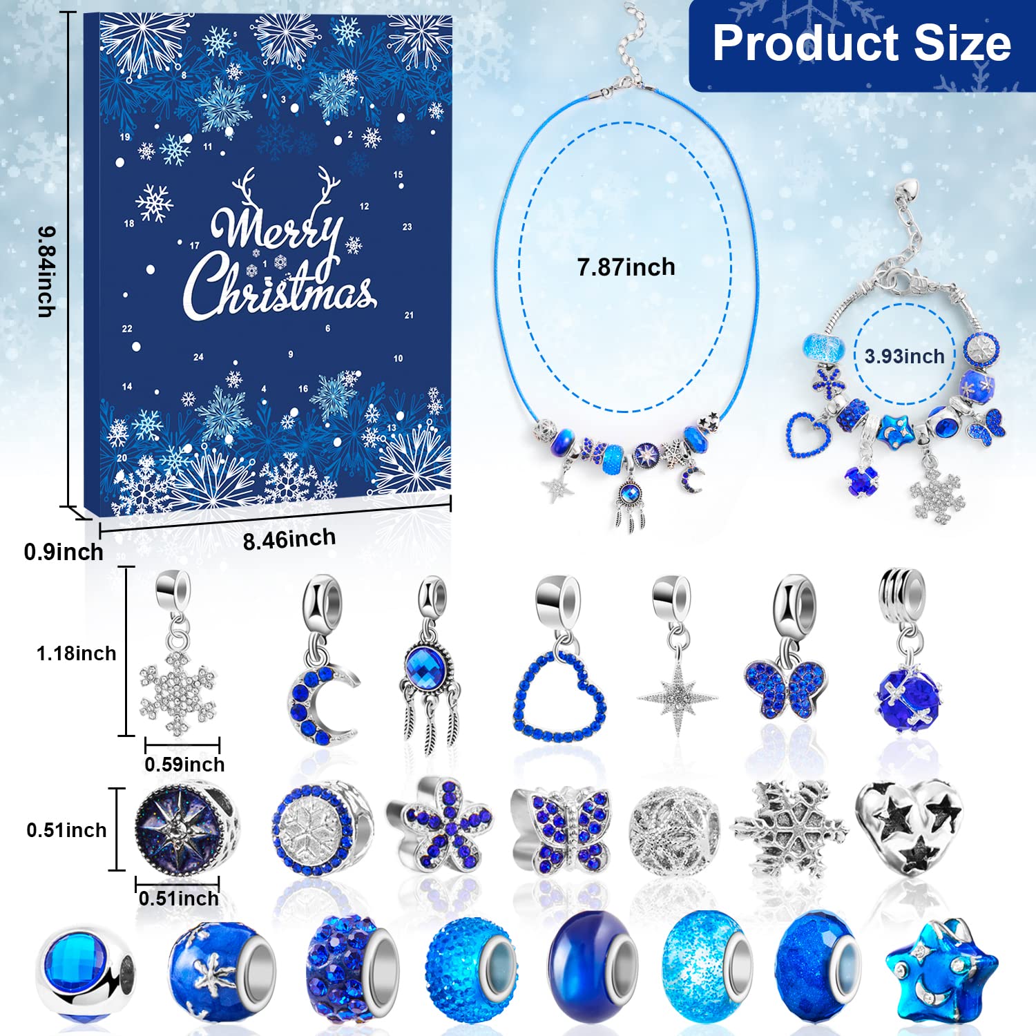 Jewelry Advent Calendar Women, 24 Day Christmas Countdown Calendar Diy Charm Bracelets & Necklaces With Blue Charm Beads, Xmas S