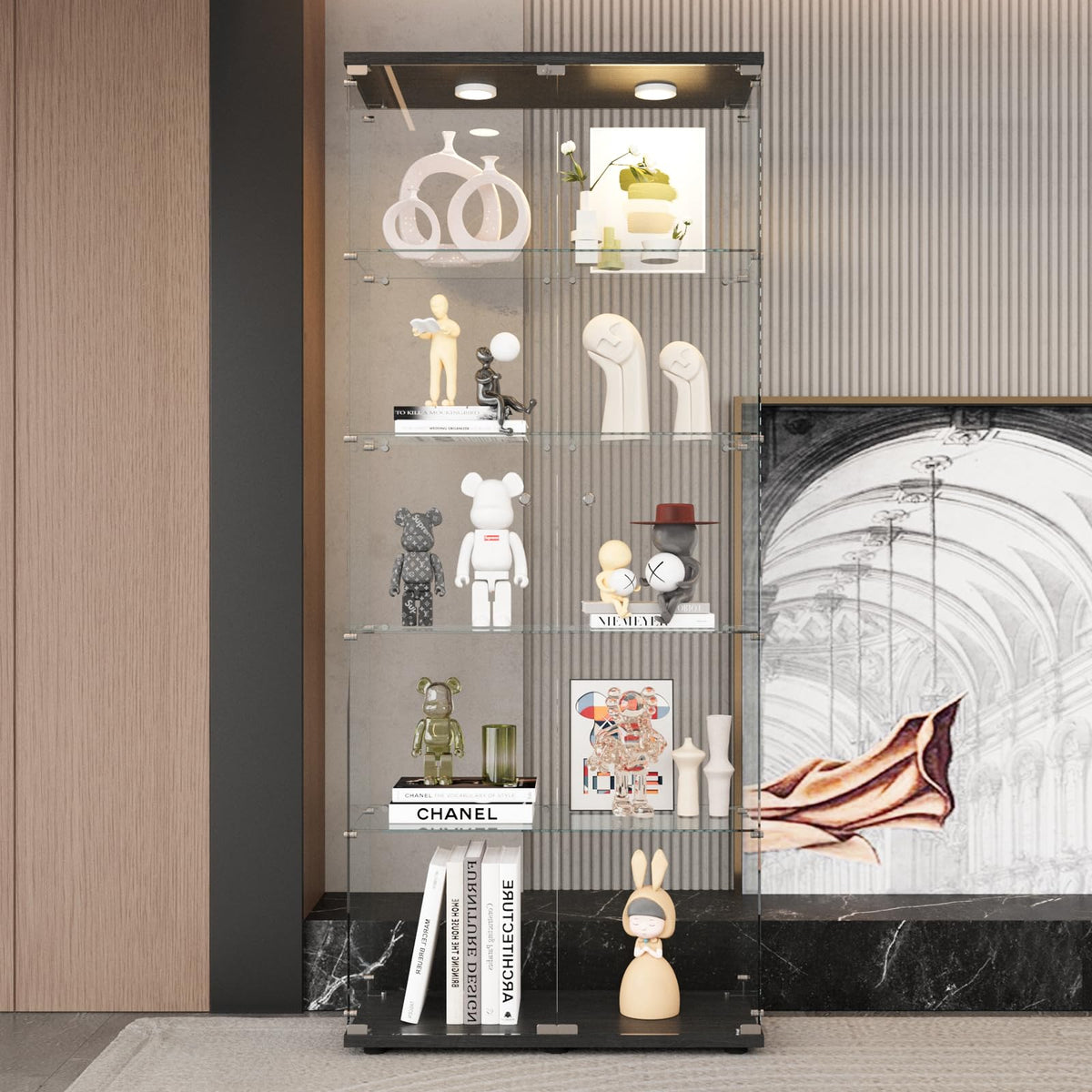 LFT HUIMEI2Y Glass Display Cabinet 5-Shelf with LED Lights and Lock, 2 Door Curio Cabinets Upgraded Quick-Install Style Tempered