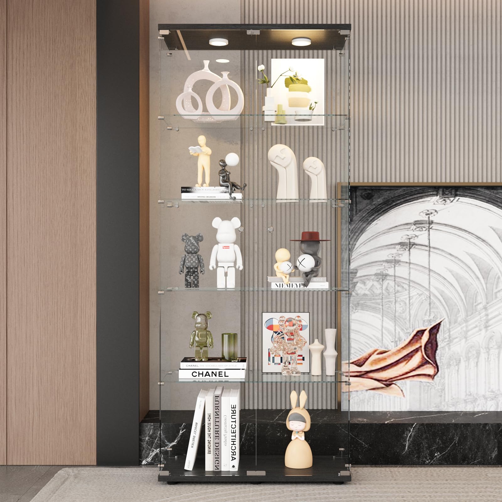 LFT HUIMEI2Y Glass Display Cabinet 5-Shelf with LED Lights and Lock, 2 Door Curio Cabinets Upgraded Quick-Install Style Tempered