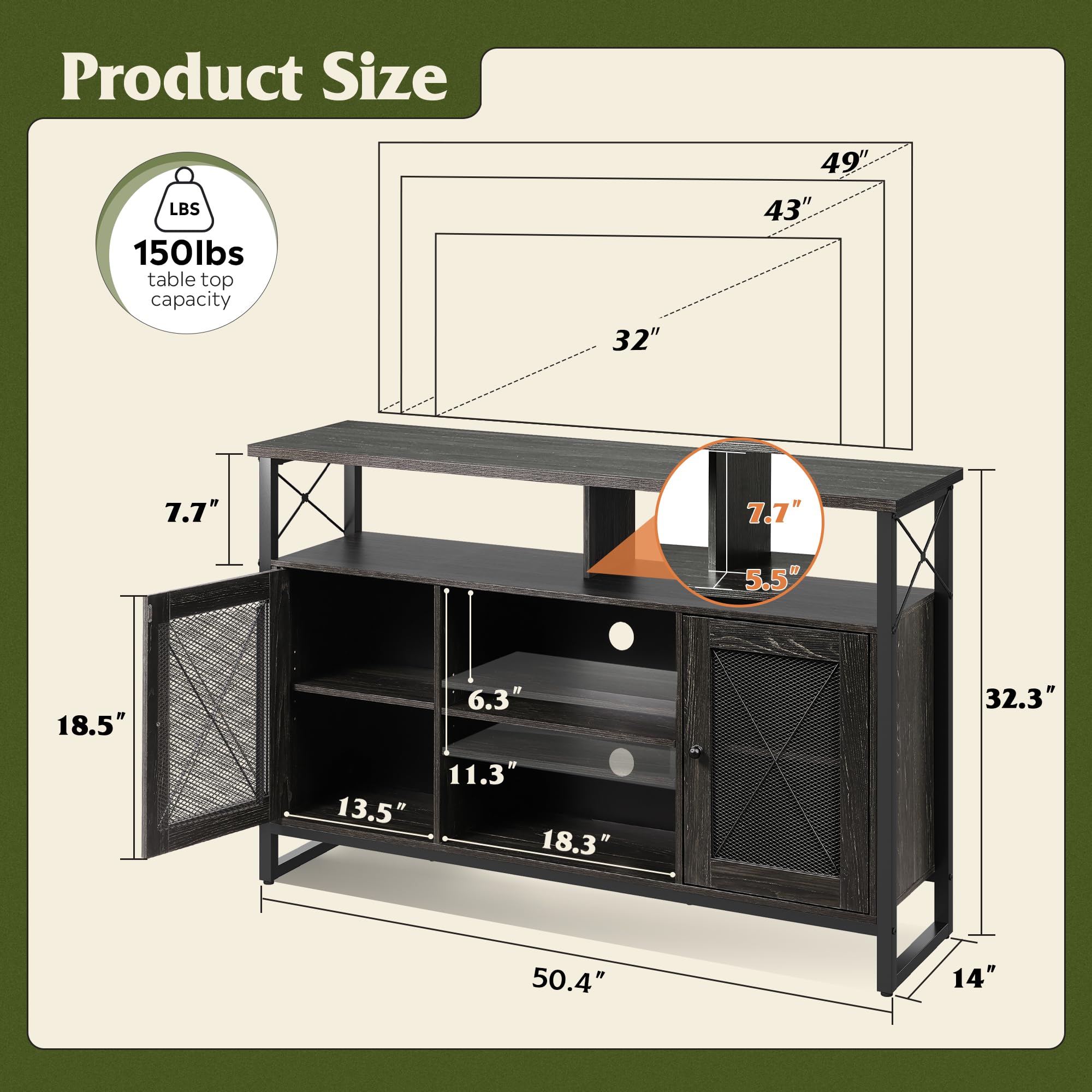 Wlive Tv Stand 55 Inch Tv,Tall Entertainment Center With Storage, Farmhouse Industrial Tv Console For Bedroom Living Room, Charcoal Black