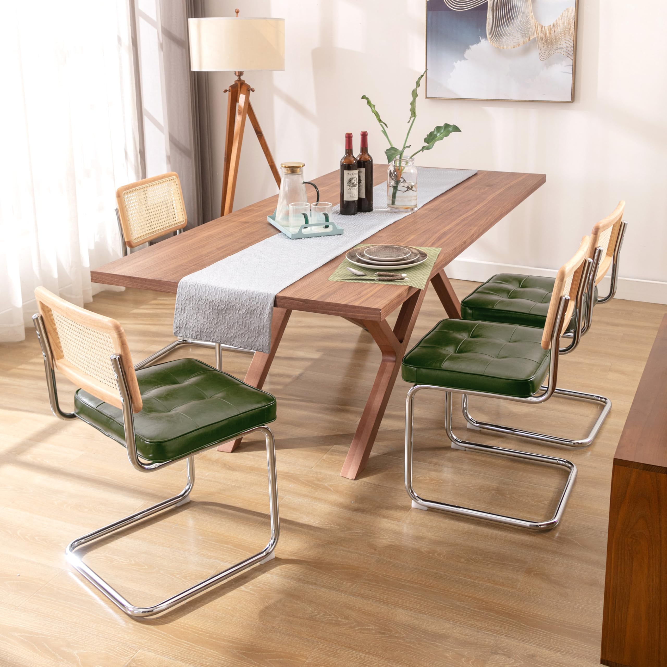 Zesthouse Mid-Century Modern Dining Chairs 4 Pcs, Accent Rattan Kitchen Chairs, Armless Mesh Back Cane Chairs, Upholstered Leather Chairs With Metal Chrome Legs, Green
