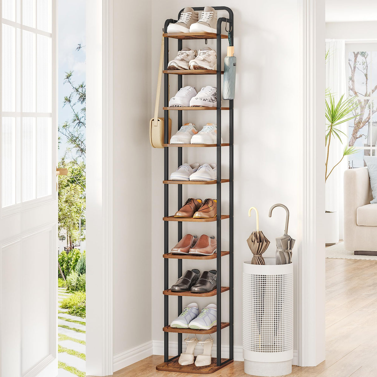 Hzuaneri Vertical Shoe Rack, Shoe Shelves, Wood Shoe Organizer For Closet, Entryway, Shoes Tower For Small Spaces, Free Standing, Adjustable, With 2 Hooks, 10 Tier Rustic Brown Sr11201B