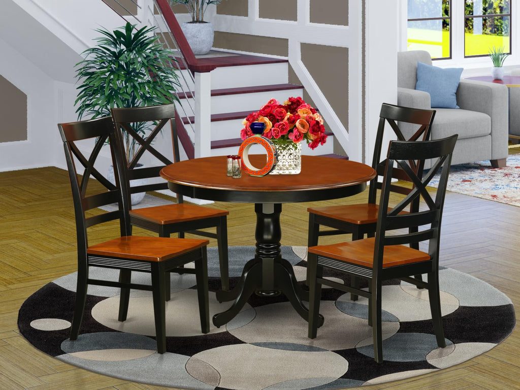 East West Furniture HLQU5-BCH-W 5 Piece Dining Room Furniture Set Includes a Round Kitchen Table with Pedestal and 4 Dining Chairs, 42x42 Inch, Black & Cherry