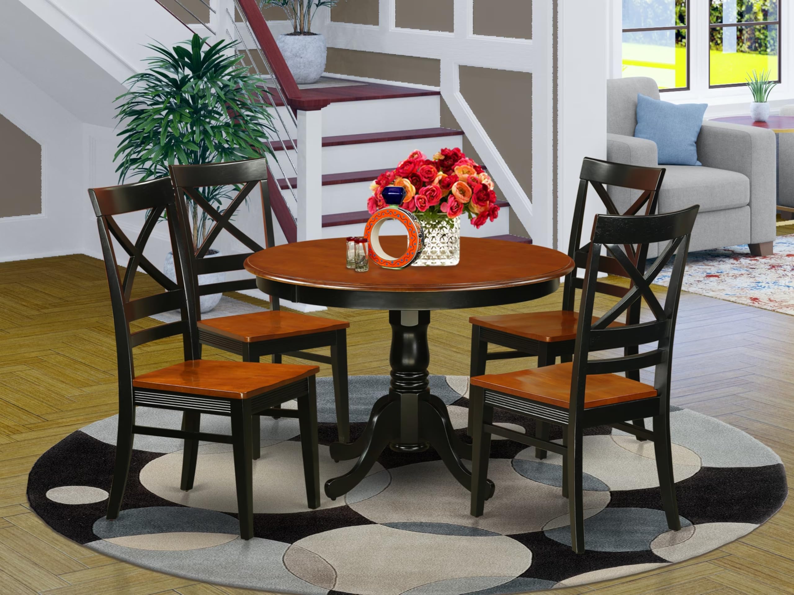 East West Furniture HLQU5-BCH-W 5 Piece Dining Room Furniture Set Includes a Round Kitchen Table with Pedestal and 4 Dining Chairs, 42x42 Inch, Black & Cherry