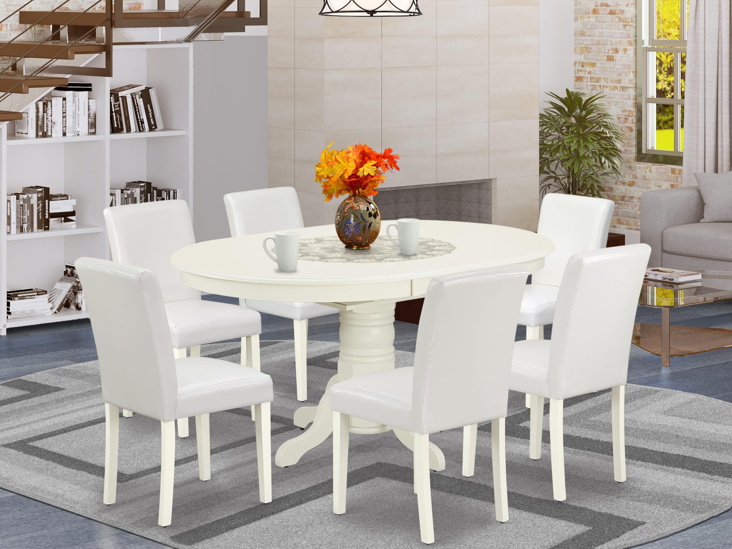 East West Furniture Avab7-Lwh-64 7 Piece Dining Room Furniture Set Consist Of An Oval Wooden Table With Butterfly Leaf And 6 White Faux Leather Parson Dining Chairs, 42X60 Inch, Linen White