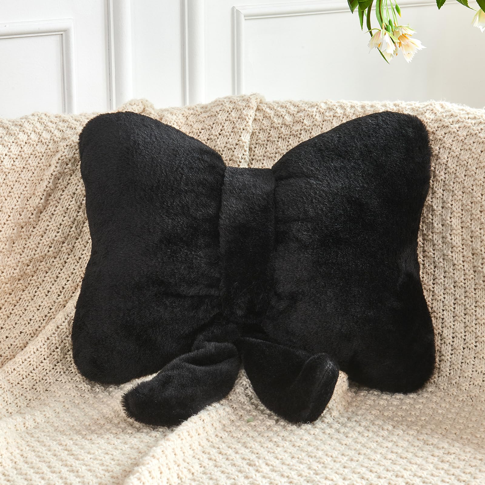 Xvtru Black Bow Pillow, Soft Bow Decorative Pillows With Faux Rabbit Fur, Cute 16' Bow Throw Pillows, Aesthetic Home Decor Bow