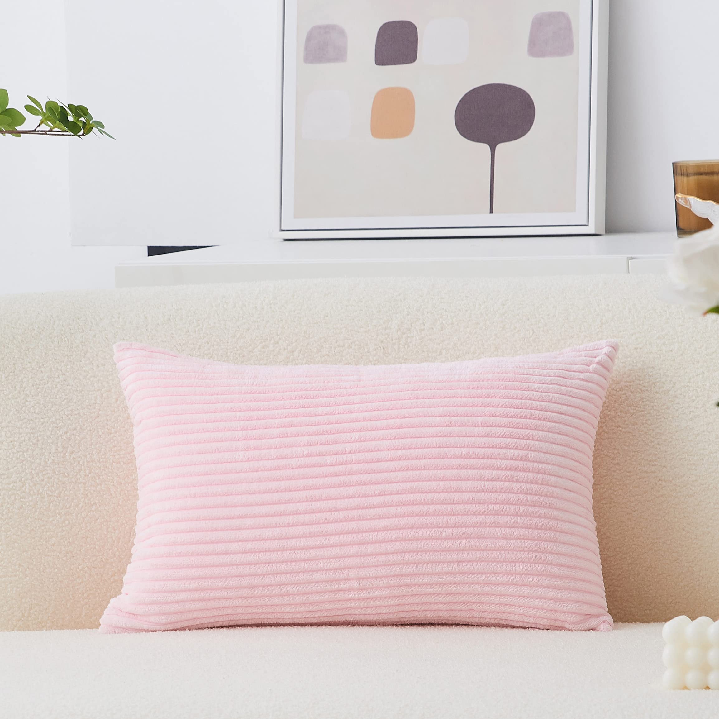 Home Brilliant 12X20 Pillow Cover Soft Pink Throw Pillow Cover For Lumbar Protection Striped Corduroy Solid Oblong Pillowcases F