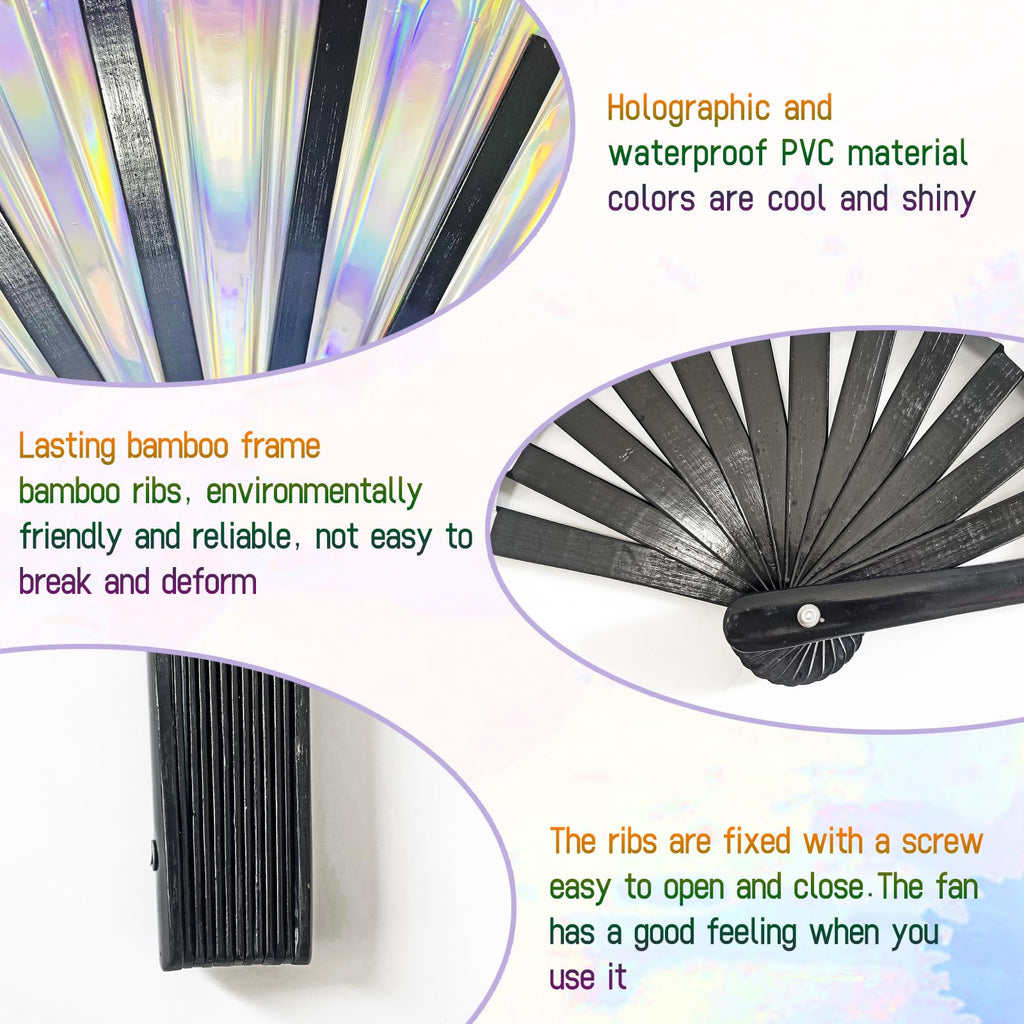 Dmjuncong Large Folding Hand Rave Fan,Clack Handheld Fan,Holographic Laser Colors Hand Fan,For Festivals,Rainbow Outfits,Disco P