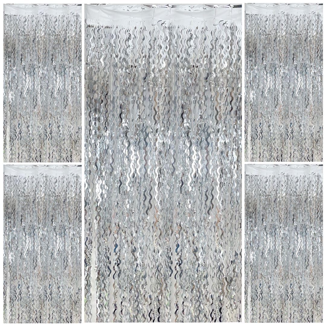 Foil Curtain Backdrop Silver Photo Backdrop Metallic Tinsel Foil Fringe Curtains Photo Booth Props for Birthday Decorations Bach