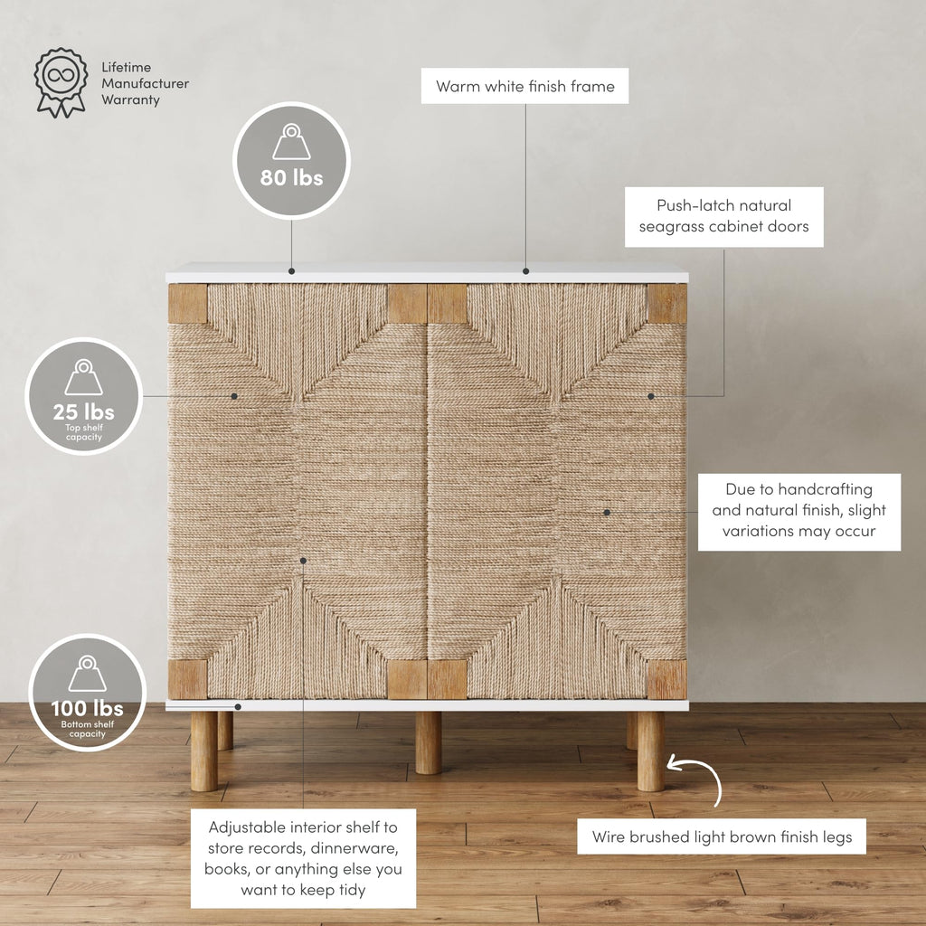 Nathan James Beacon Accent Natural Sideboard Storage Cabinet With Adjustable Interior Shelf And Seagrass Doors, For Hallway, Entryway Or Dining Room, Light Brown/White