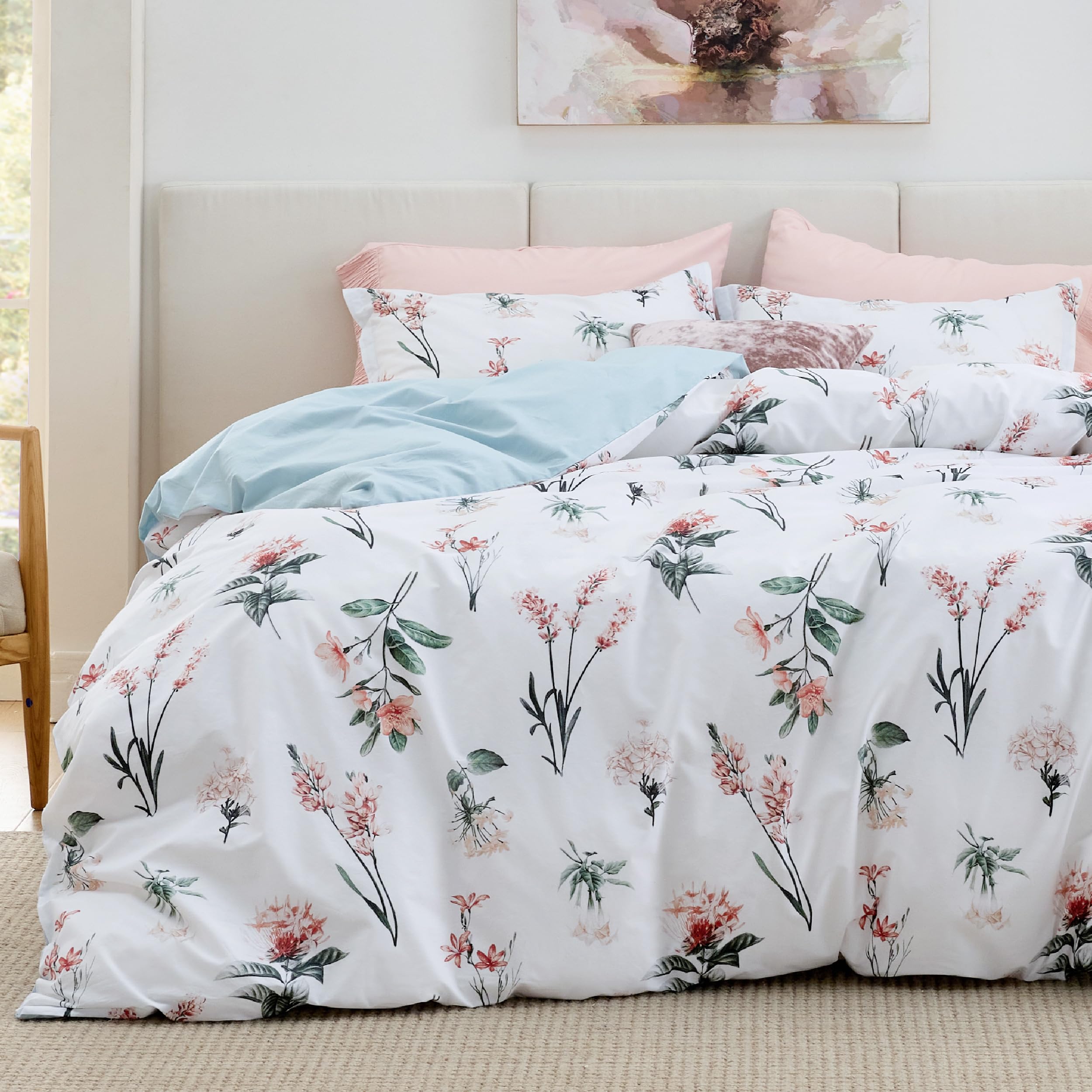 Bedsure Duvet Cover Queen Size - 100% Cotton Reversible Blue Duvet Cover Set With Zipper Closure, Cute Flower Floral Bedding Com