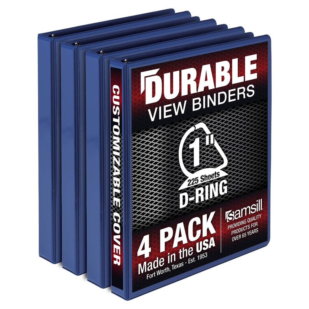 Samsill Durable 1 Inch Binder, Made In The Usa, D Ring Binder, Customizable Clear View Cover, Blue, 4 Pack, Each Holds 225 Pages