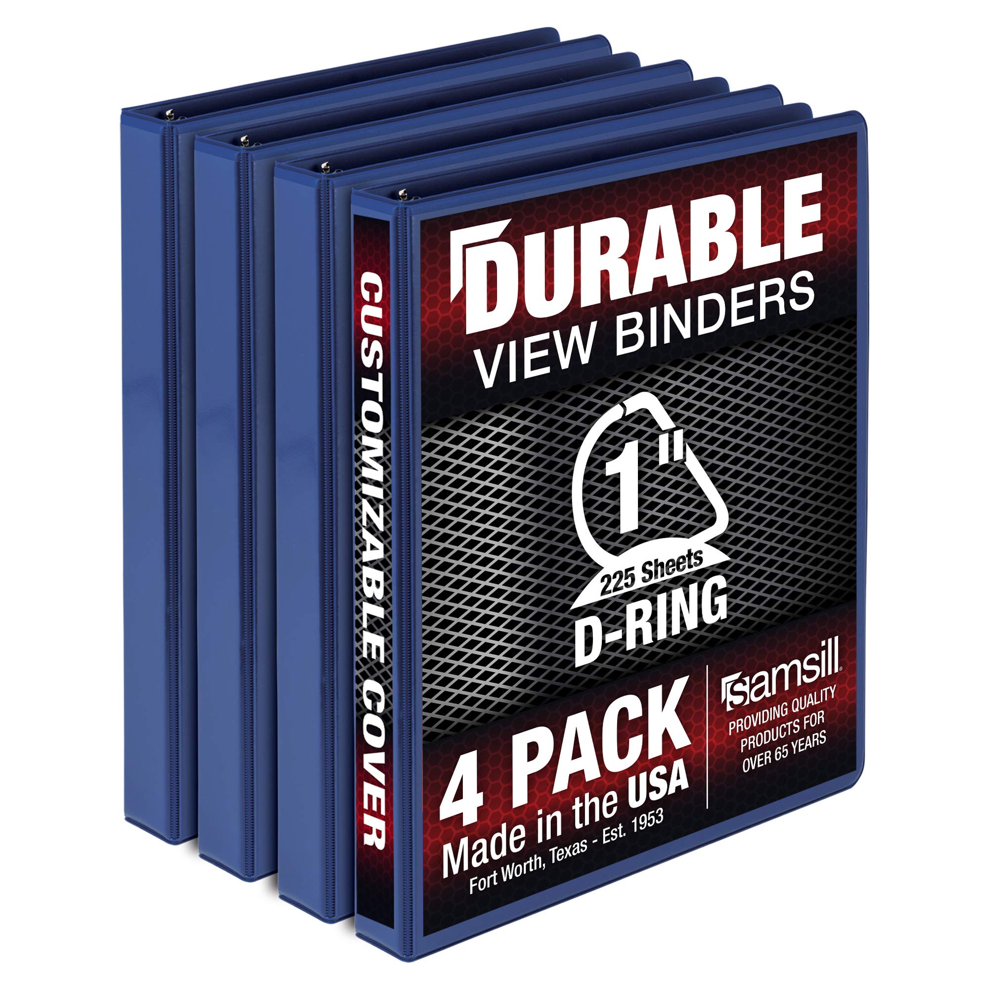 Samsill Durable 1 Inch Binder, Made In The Usa, D Ring Binder, Customizable Clear View Cover, Blue, 4 Pack, Each Holds 225 Pages