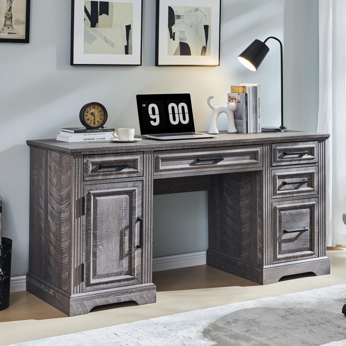 JXQTLINGMU 58'' Executive Desk, Farmhouse Computer Desk with Drawers and Cabinet, Crafted Texture Home Office Desk, Workspace fo