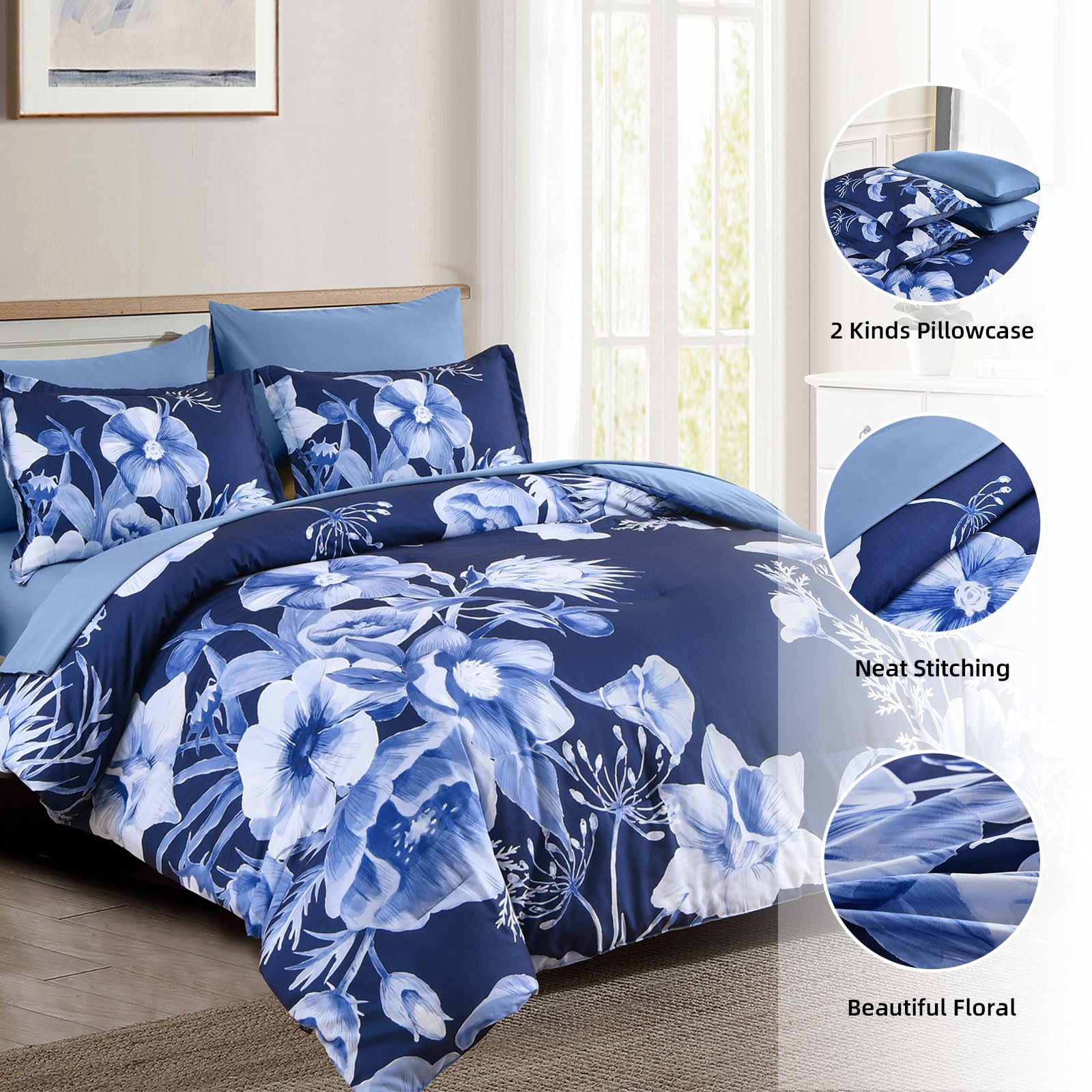 Luxudecor Floral Comforter Set King Size 7 Piece, Navy Blue Flower Bed In A Bag, Elegant Floral Comforter With Sheet Set, Soft M