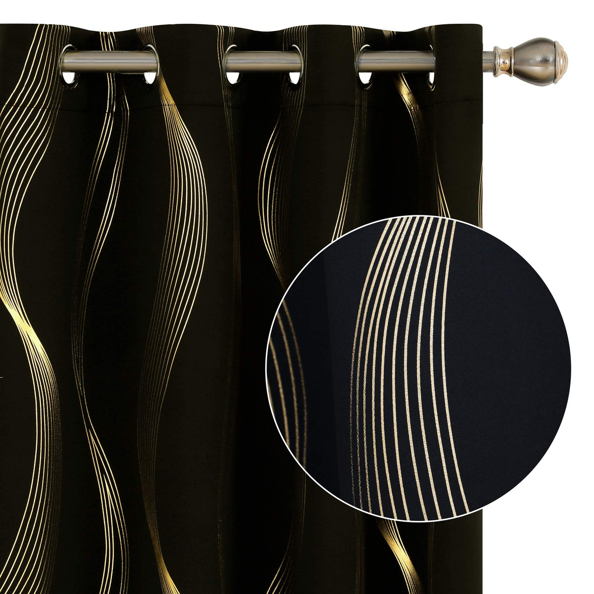 Deconovo Black Blackout Curtains, Thermal Insulated Striped Golden Foil Print Window Curtains For Bedroom, 2 Panels, 52X45 Inch