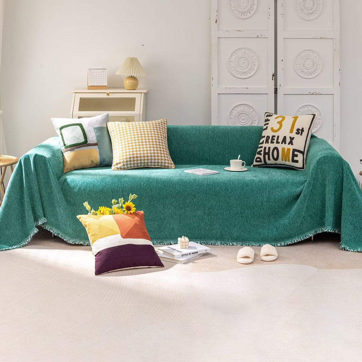 Vclife Green Couch Cover Pet-Friendly Thick Chenille Sofa Slipcover With Tassel Simple Solid Color Sectional Sofa Couch Cover Fo