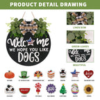 Interchangeable Wooden Seasonal Welcome Sign, Rustic Round Dogs Sign Front Door Wreaths For Home/Wall/Porch Decor, For Easter Sp