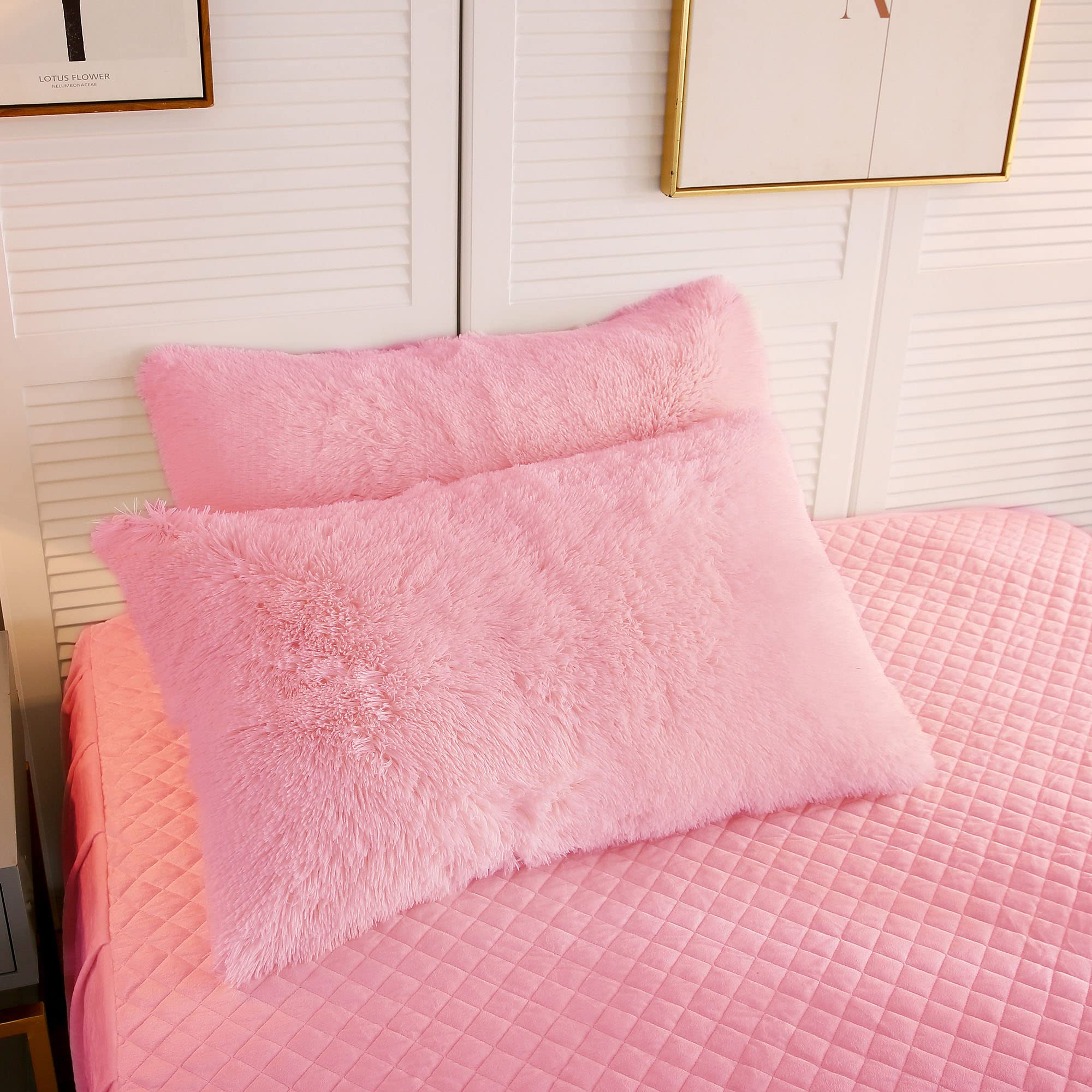 Liferevo 2 Pack Shaggy Plush Faux Fur Pillow Shams Fluffy Decorative Pillowcases Zipper Closure (Standard, Pink)