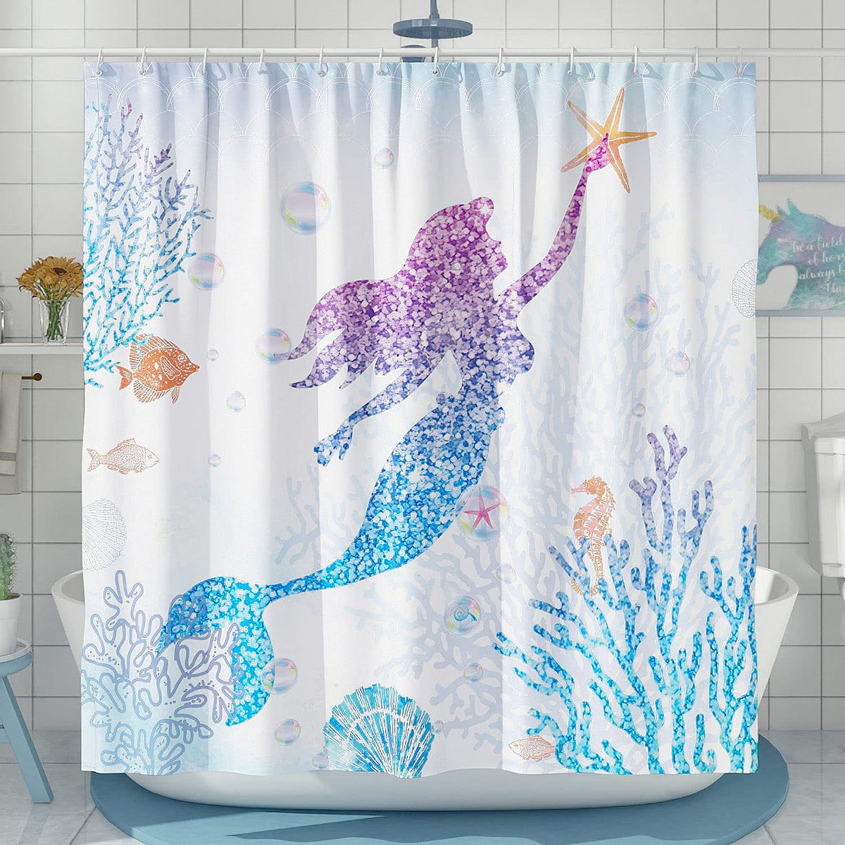 Desihom Cute Mermaid Shower Curtain Set, Glitter Fish Scale Girls Shower Curtains For Bathroom Kids Bathroom Decor Polyester Fab