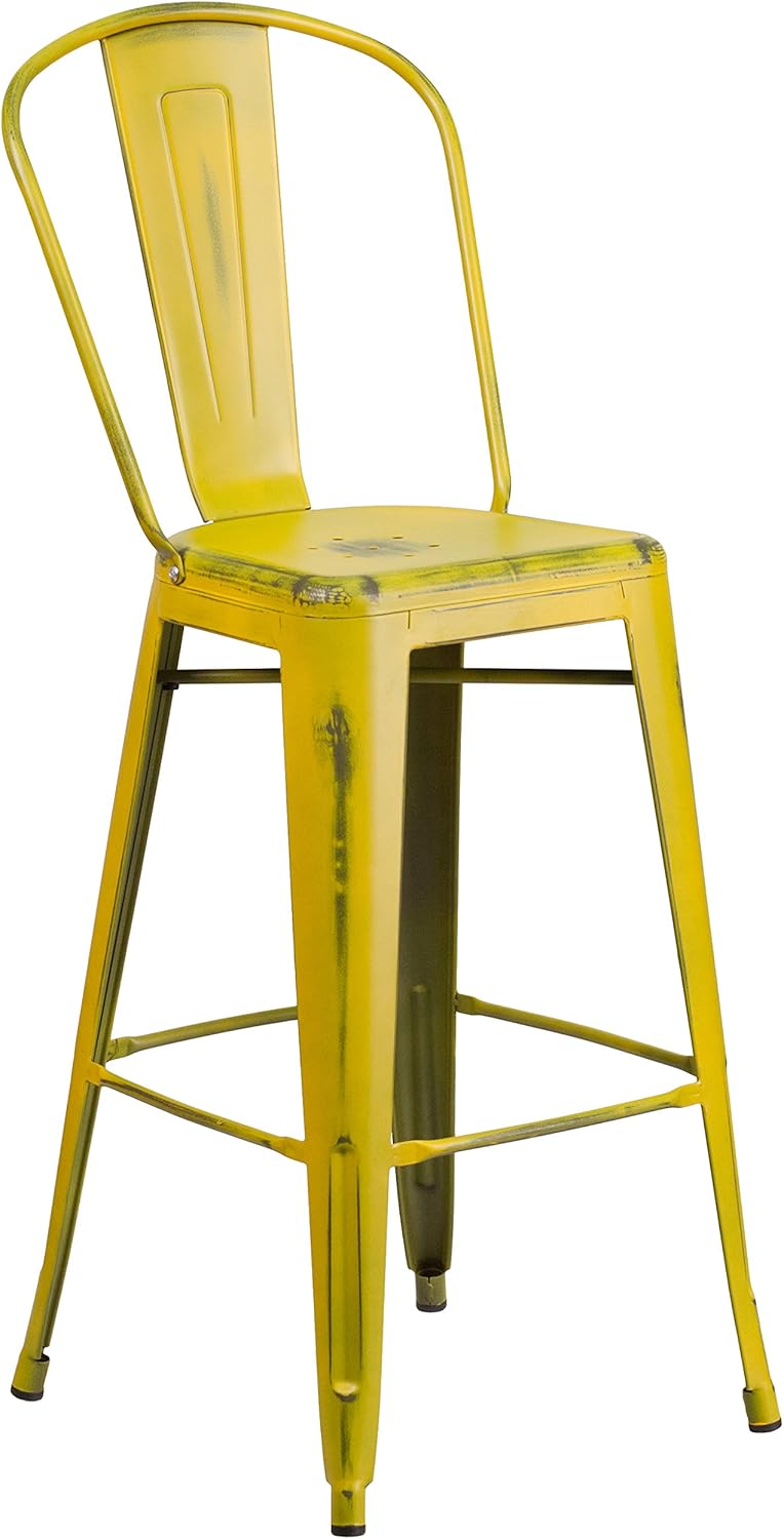 Commercial Grade 30 High Distressed Yellow Metal Indoor-Outdoor Barstool with Back