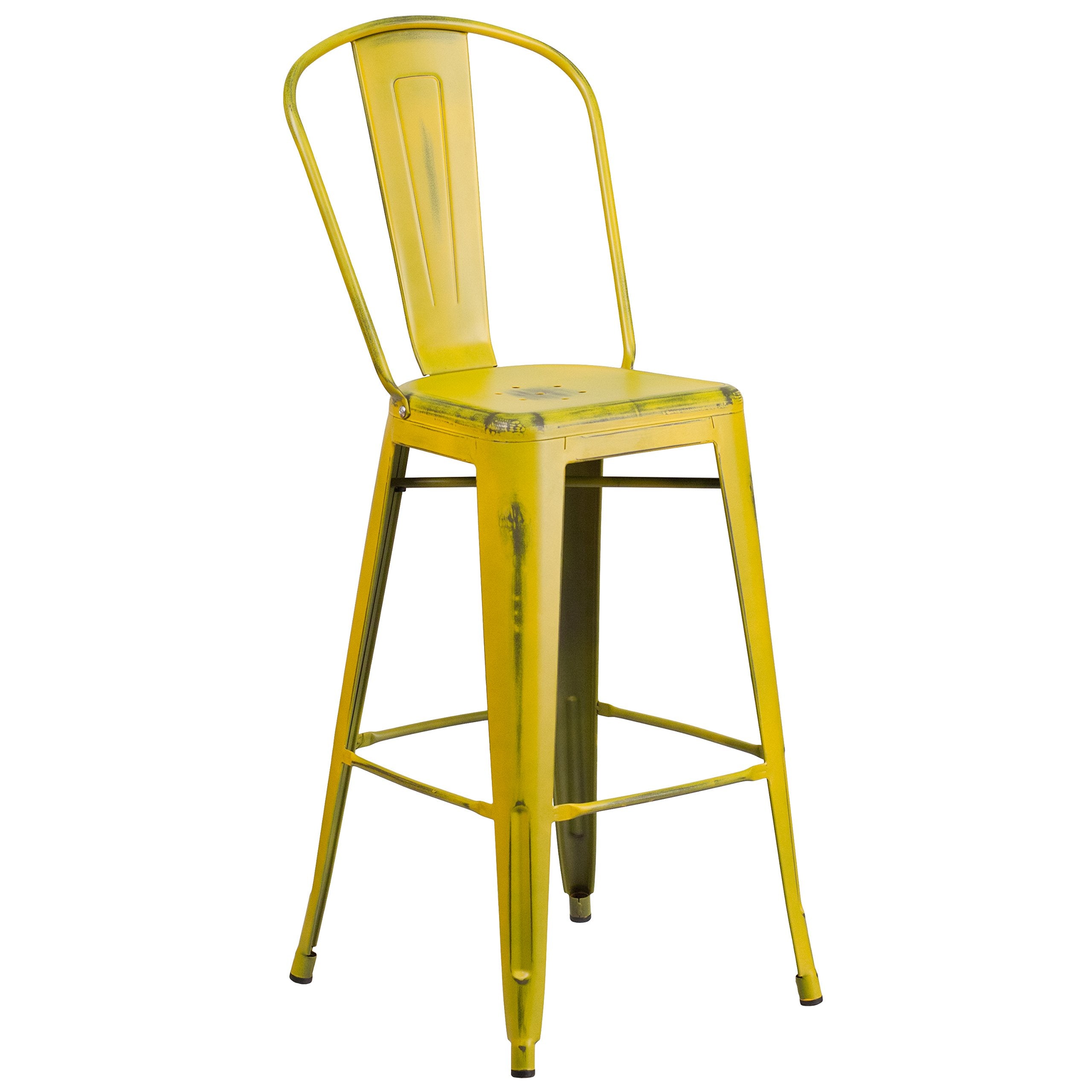 Flash Furniture Commercial Grade 30' High Distressed Yellow Metal Indoor-Outdoor Barstool With Back