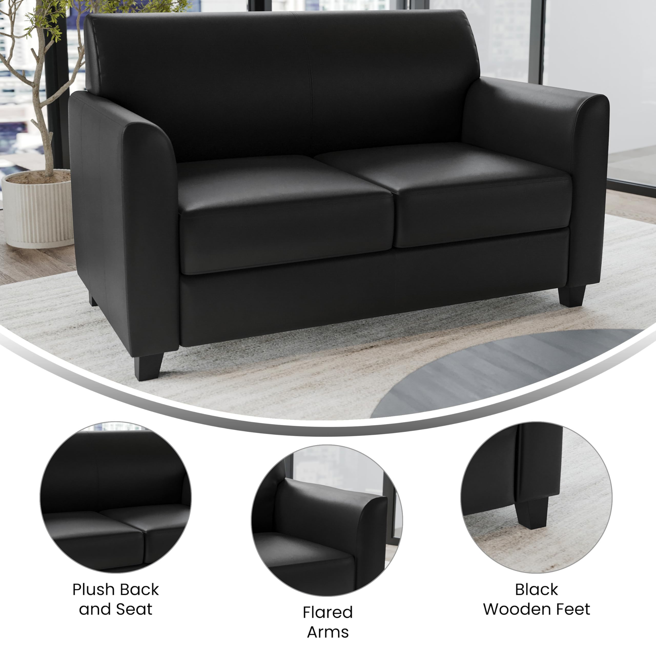 Flash Furniture Hercules Diplomat Series LeatherSoft Upholstered Loveseat, Modern Small Sofa for Living Room or Office, Black