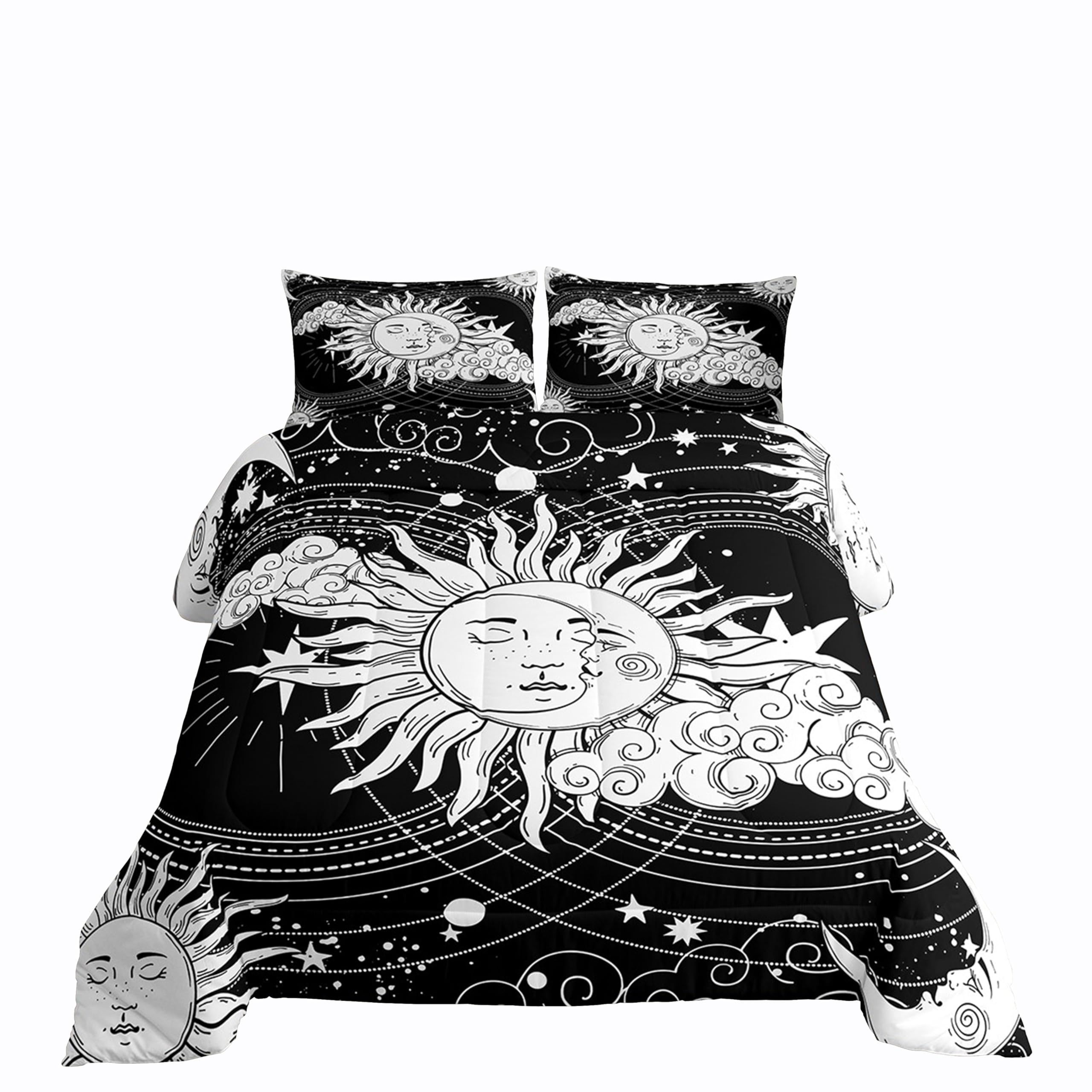 Erosebridal Black White Sun Moon Bedding Set Queen Size Hippie Comforter Set, Boho Exotic Home Decor Down Comforter Modern Kid T