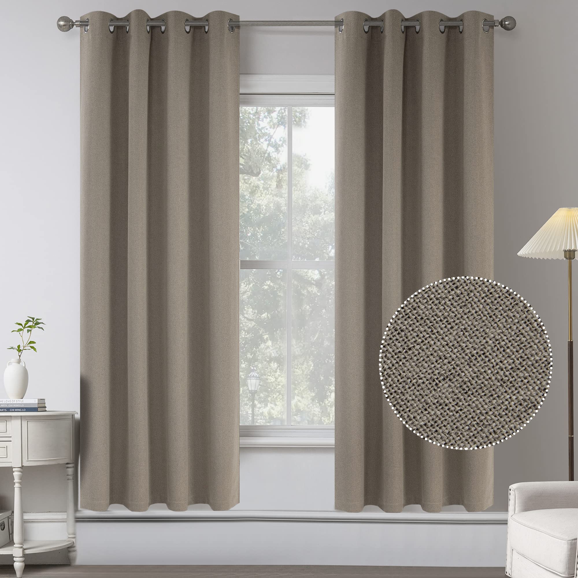 Taupe Absolutely Blackout Textured Linen Look Curtain Draperies For Bedroom - Energy Saving Thermal Insulated Anti-Rust Grommet