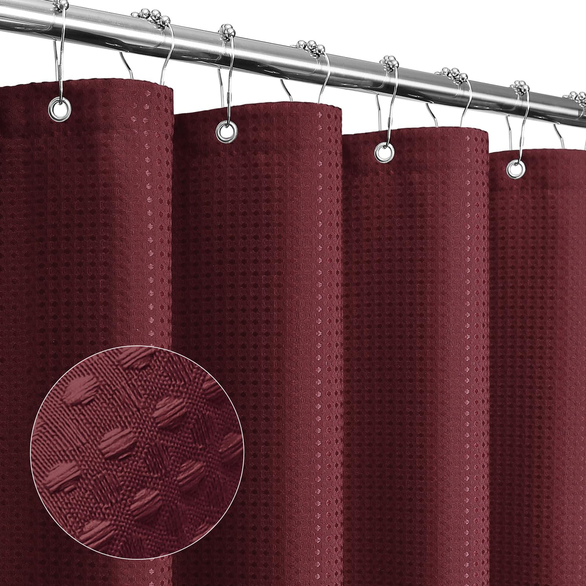 Gibelle Burgundy Red Shower Curtain, Waffle Weave Textured Fabric Shower Curtain For Bathroom - Soft Cloth & Hotel Spa Luxury, W