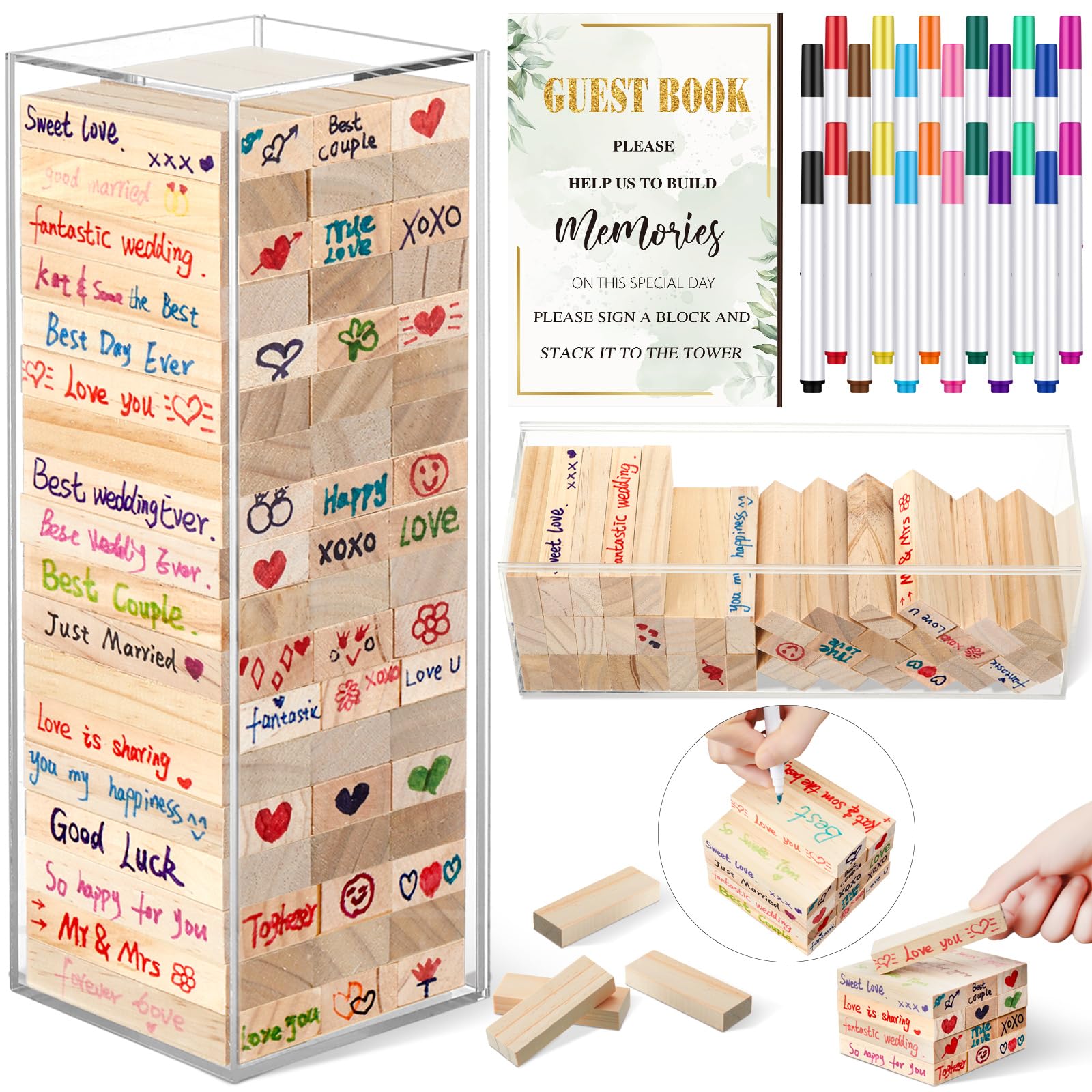 Beeveer 80 Pcs Wedding Guest Book Alternative Wooden Block Guest Book for Wedding Sign in Bridal Shower Decoration Wooden Block 