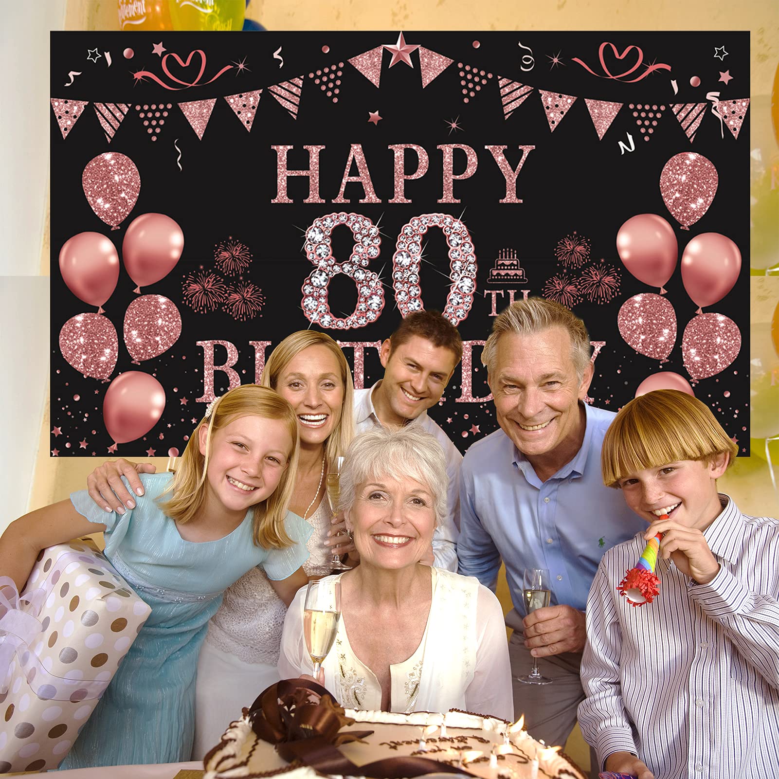 Trgowaul 80th Birthday Backdrop Banner Rose Gold Fabric or Paper 5.9 x 3.6 ft