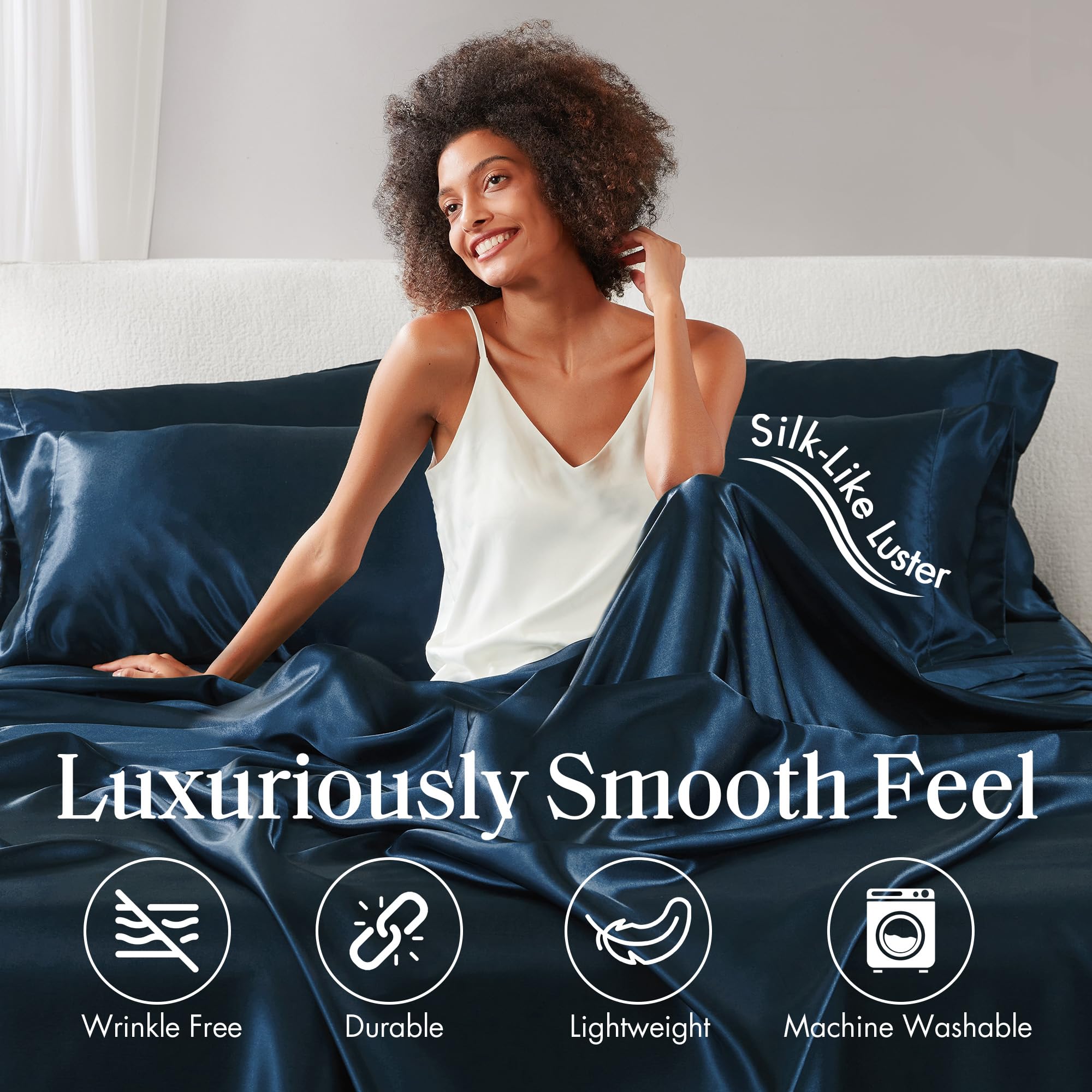Madison Park Essentials Satin Sheets Twin Size, Luxurious Silky Satin Bed Sheets, Elastic 14' Pocket Fits Up To 16' Mattress, Wrinkle-Free, Soft Satin Bed Sheet Set, Midnight Blue 4 Piece